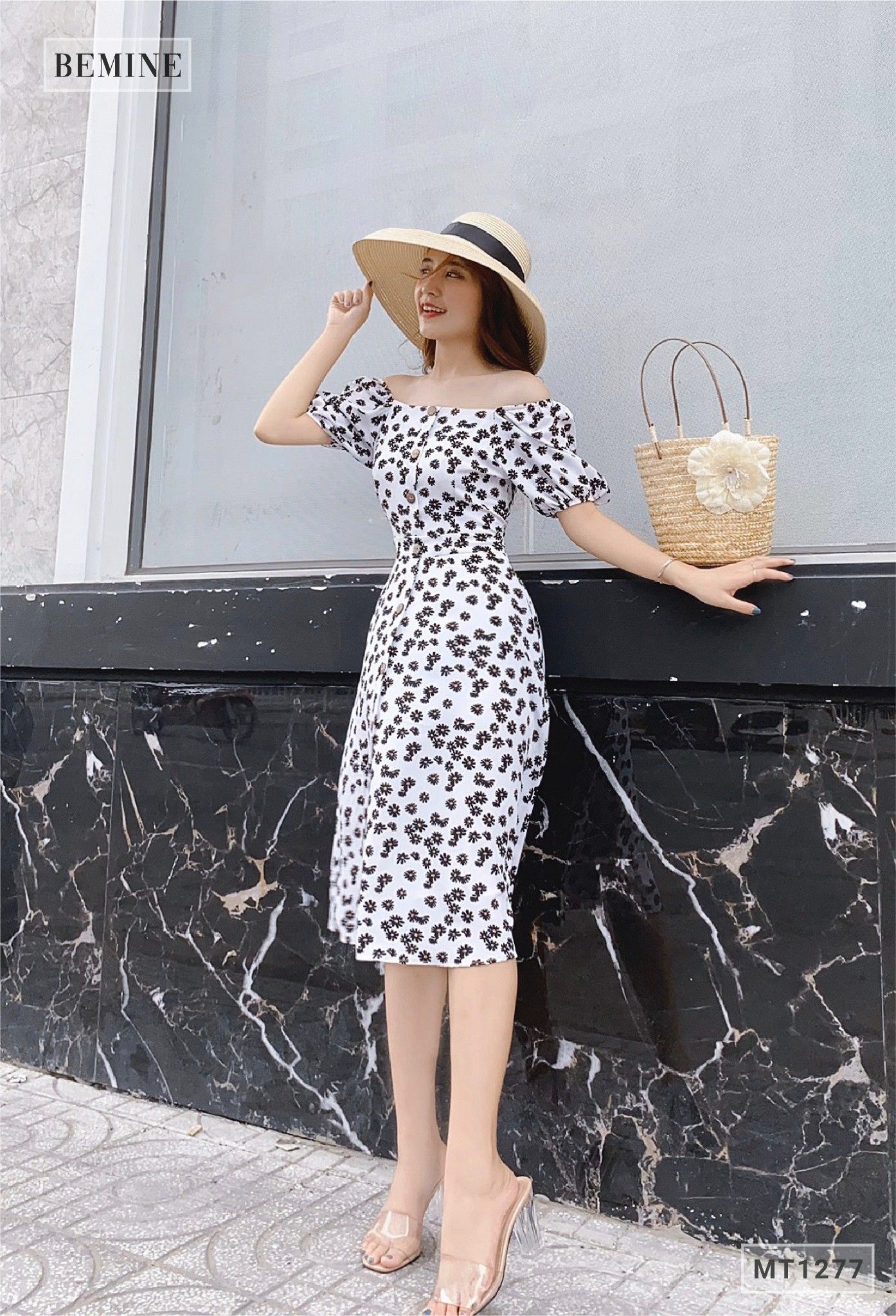 MT1277TRANG - Đầm hoa tay bồng trụ nút