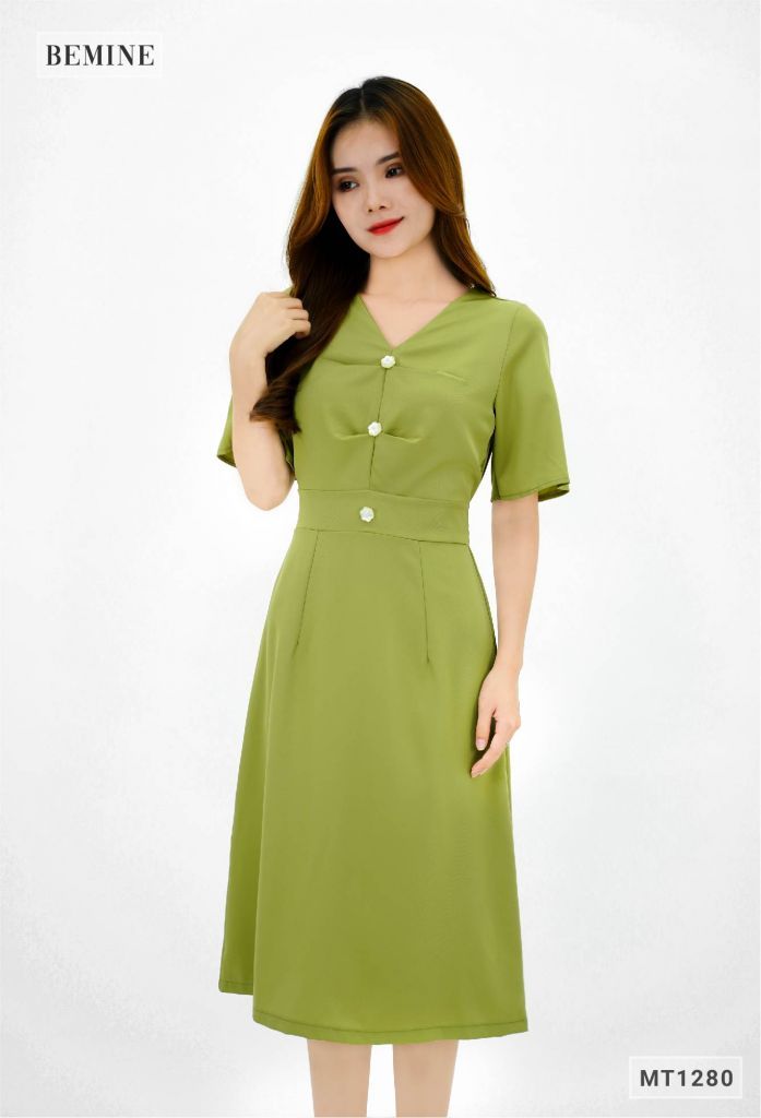 MT1280XANH - Đầm xếp ly thân đính nút tay loe