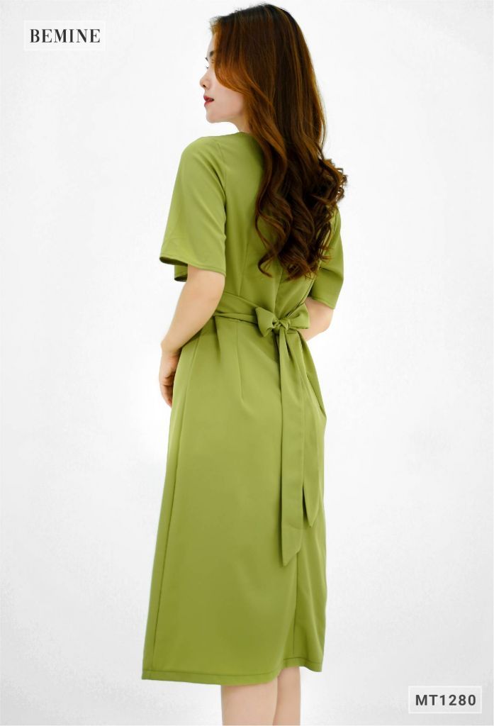 MT1280XANH - Đầm xếp ly thân đính nút tay loe