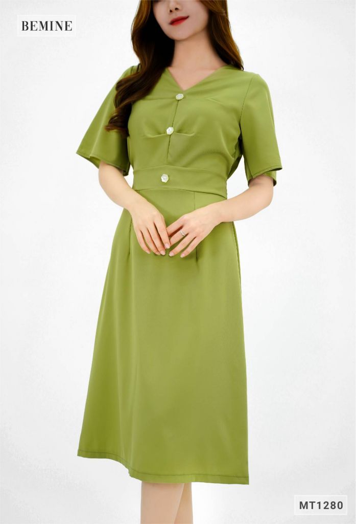 MT1280XANH - Đầm xếp ly thân đính nút tay loe