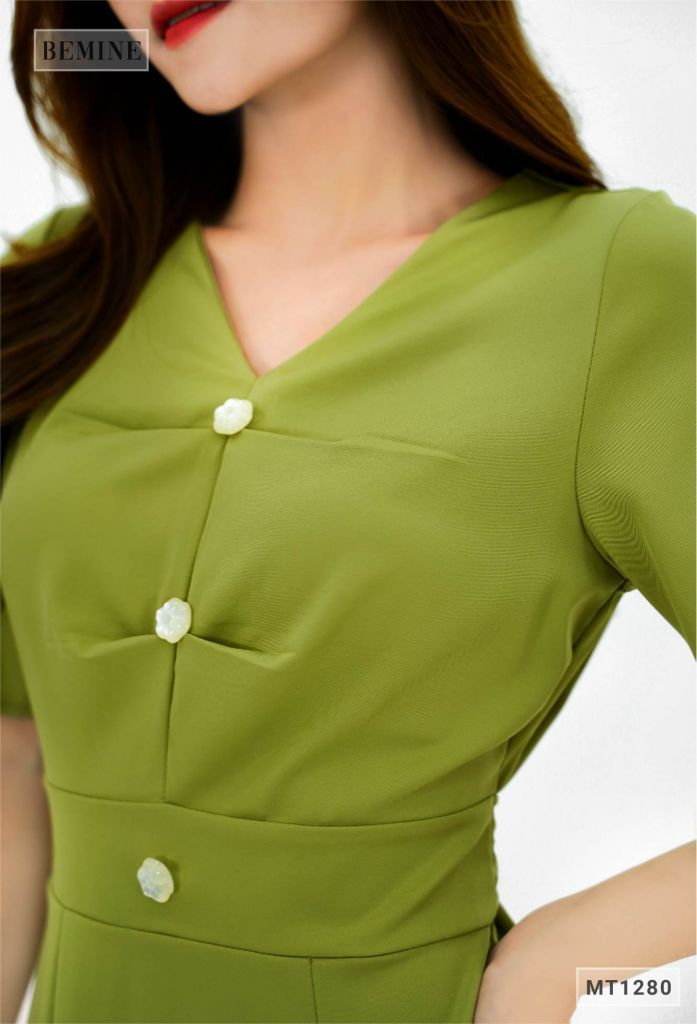 MT1280XANH - Đầm xếp ly thân đính nút tay loe