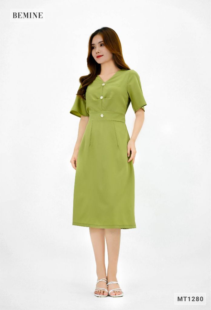 MT1280XANH - Đầm xếp ly thân đính nút tay loe