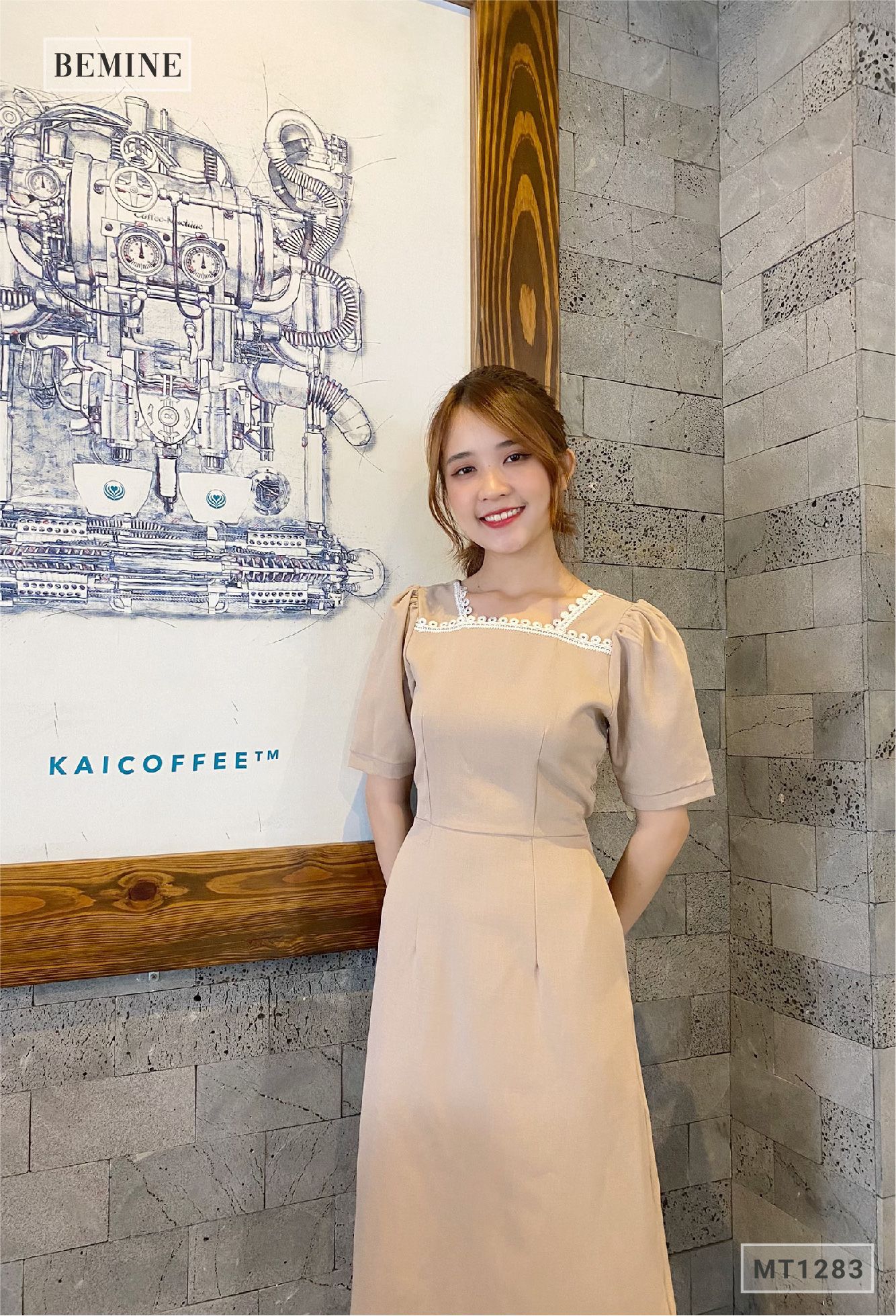 MT1283NAU- Đầm cổ ren cột eo