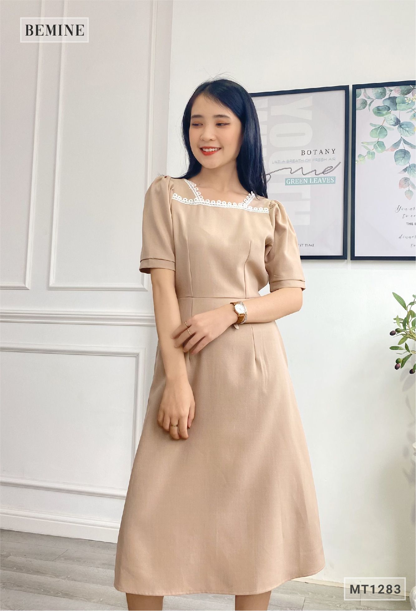 MT1283NAU- Đầm cổ ren cột eo