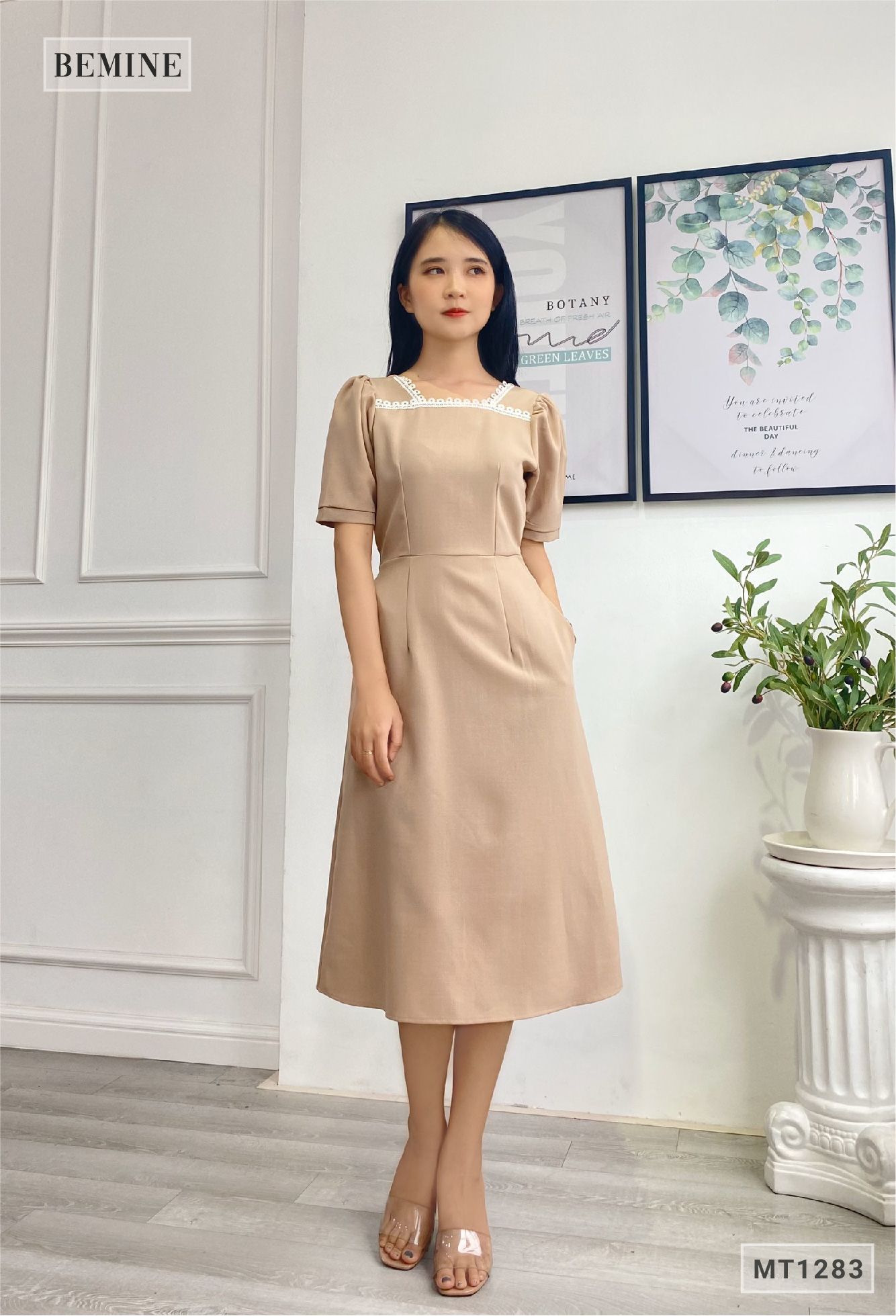 MT1283NAU- Đầm cổ ren cột eo