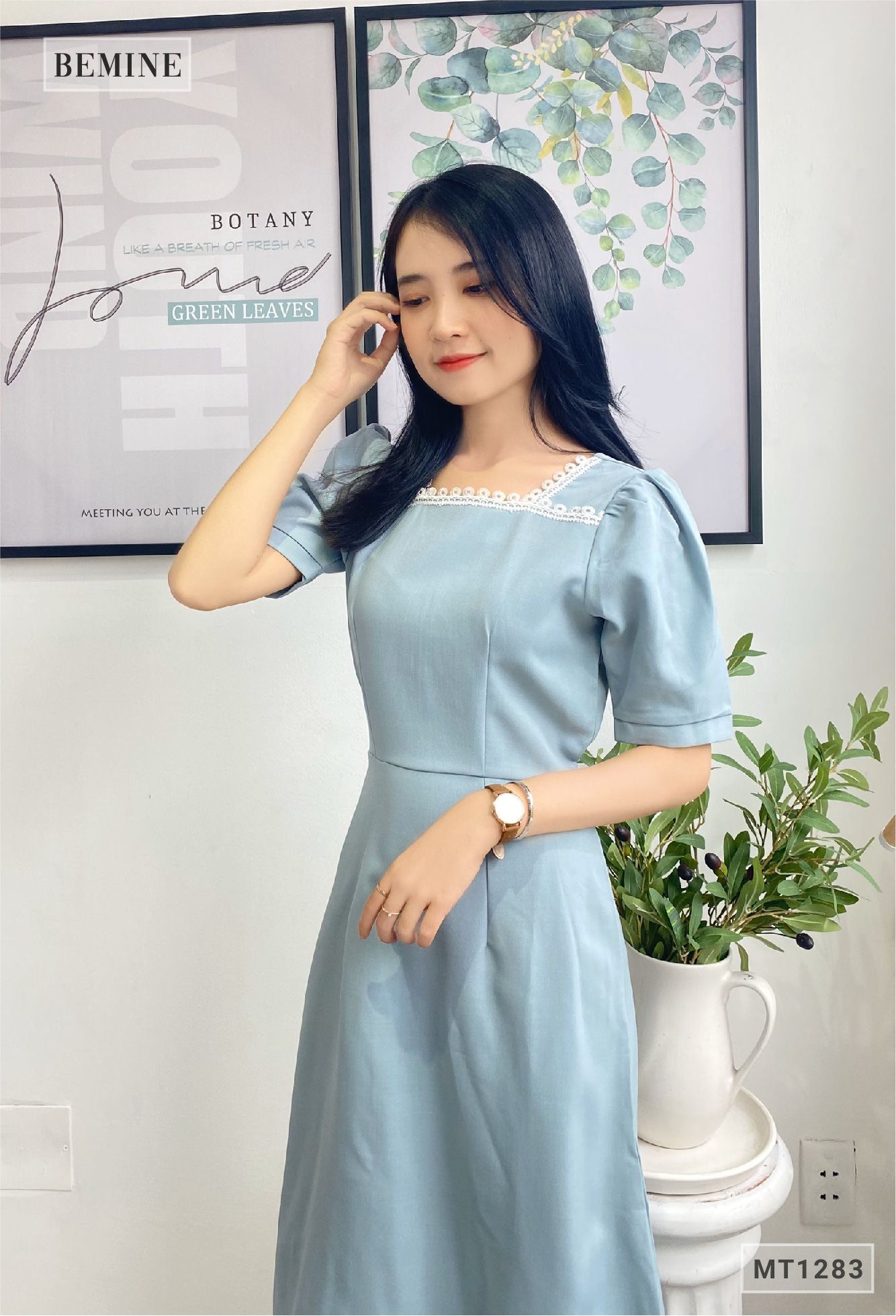 MT1283XANH - Đầm cổ ren cột eo
