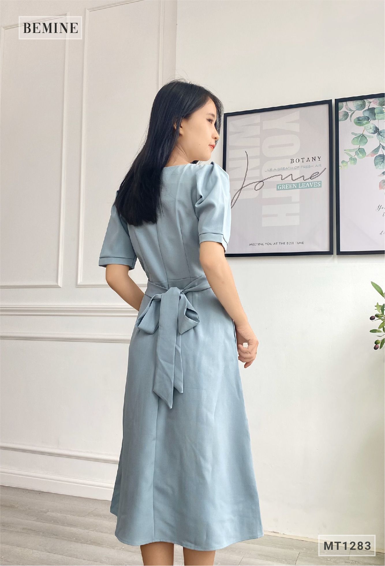 MT1283XANH - Đầm cổ ren cột eo