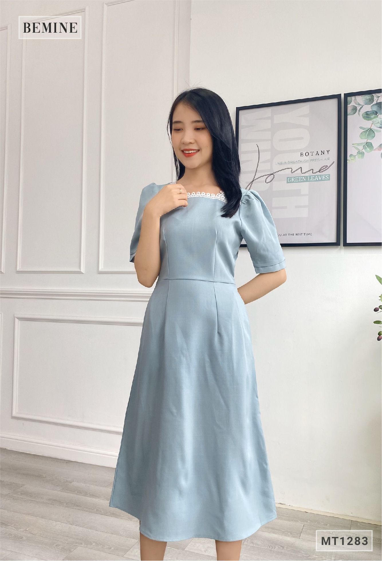 MT1283XANH - Đầm cổ ren cột eo