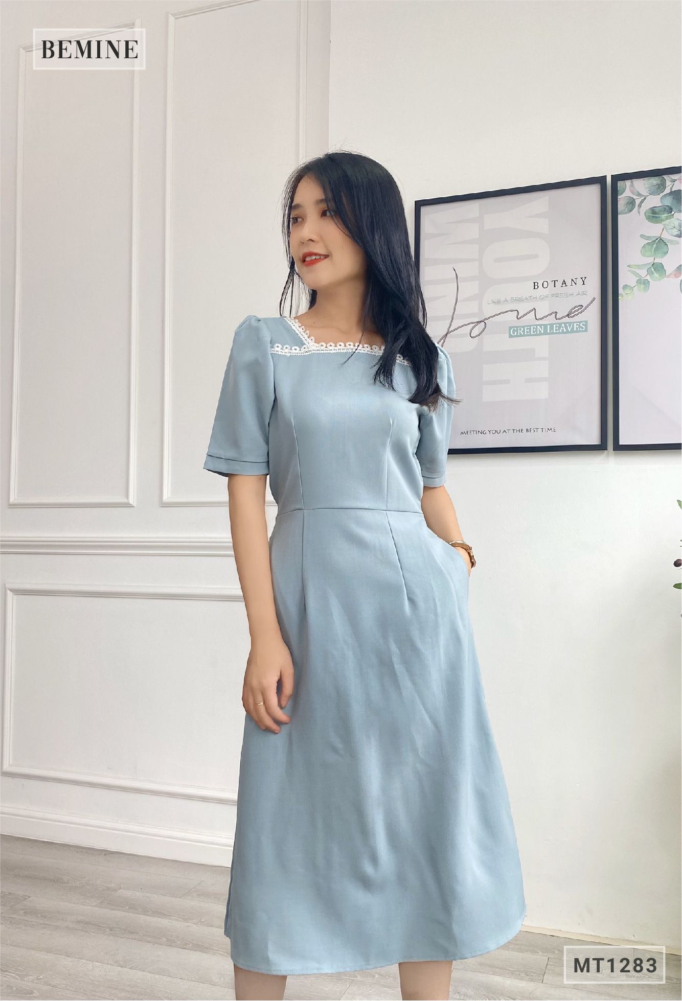 MT1283XANH - Đầm cổ ren cột eo