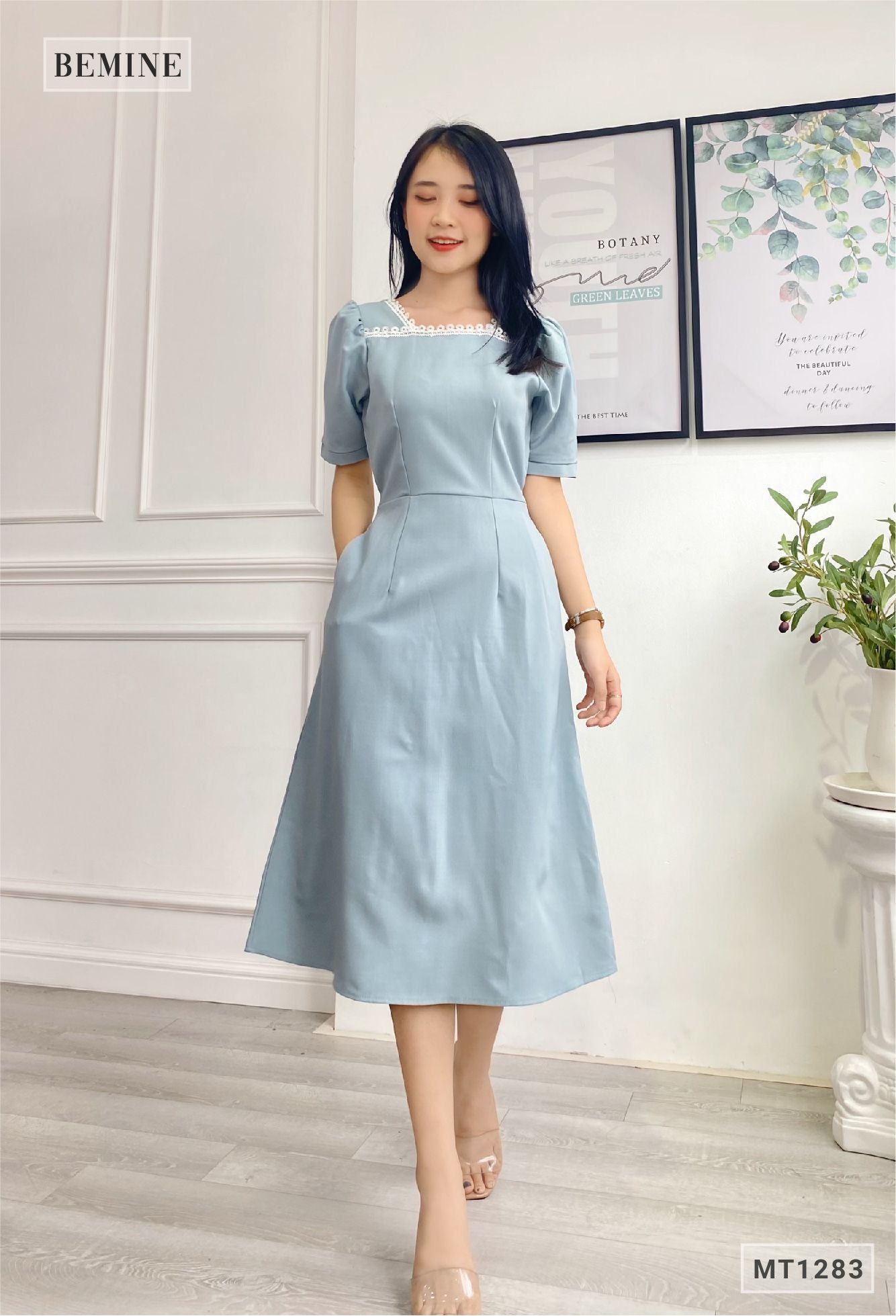 MT1283XANH - Đầm cổ ren cột eo