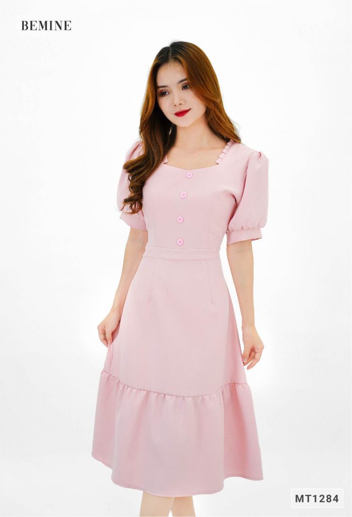 MT1284RUOC- Đầm xếp ly cổ đính nút