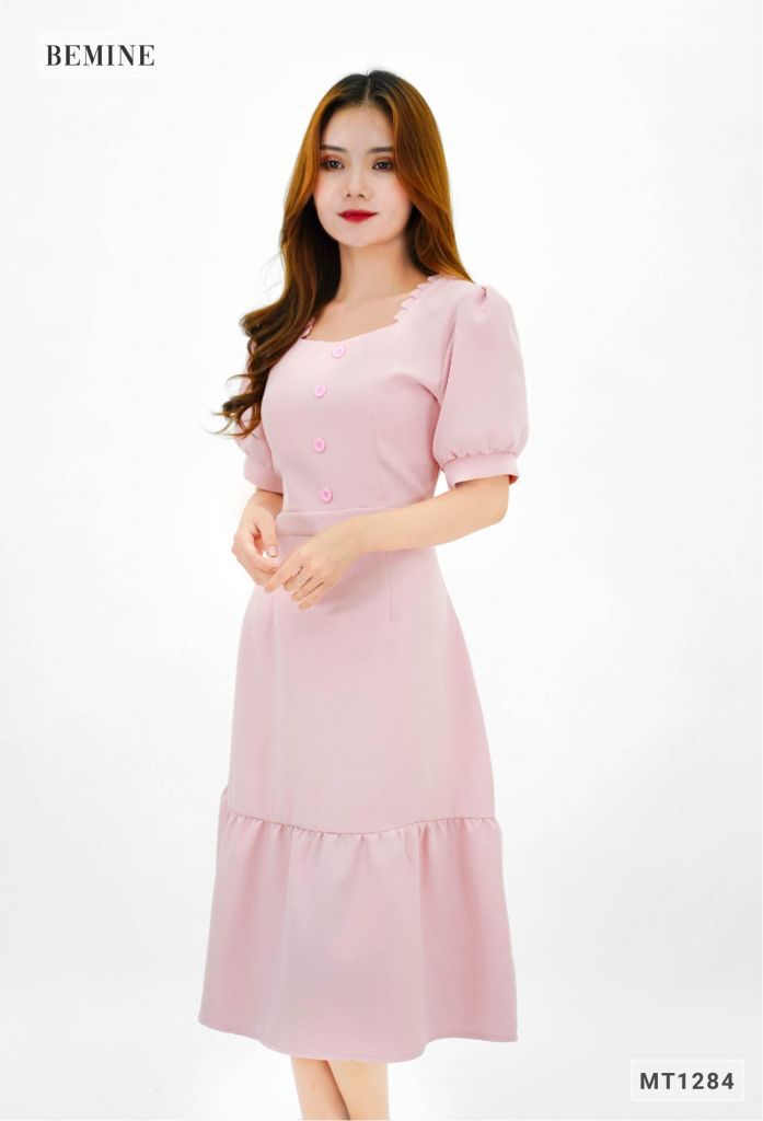 MT1284RUOC- Đầm xếp ly cổ đính nút
