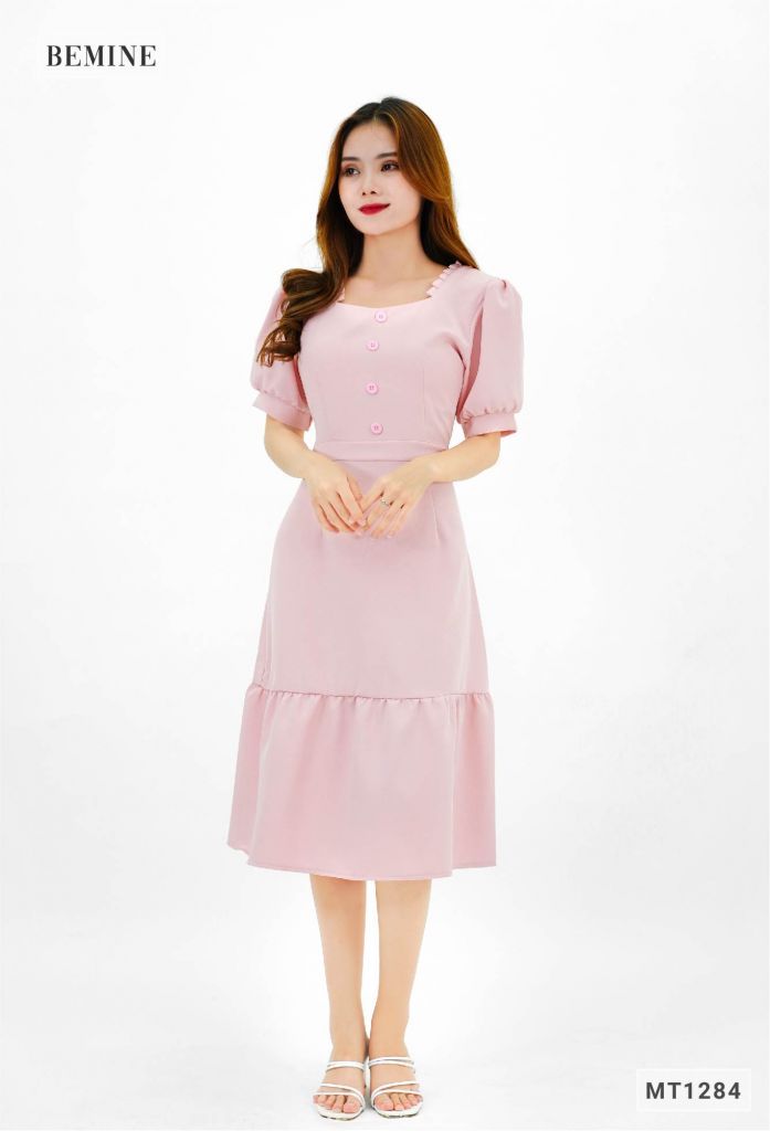 MT1284RUOC- Đầm xếp ly cổ đính nút