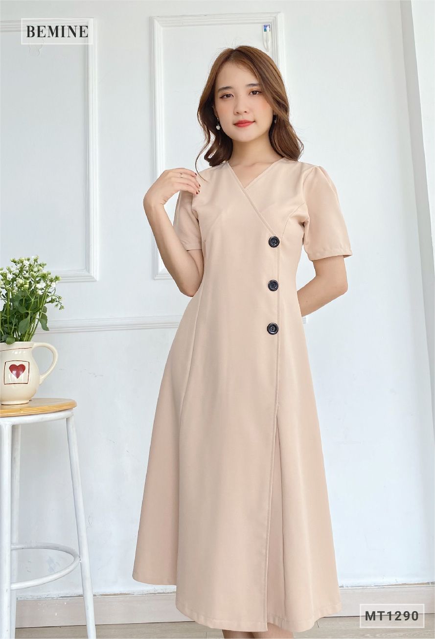 MT1290DA - Đầm xòe tà chéo đính nút
