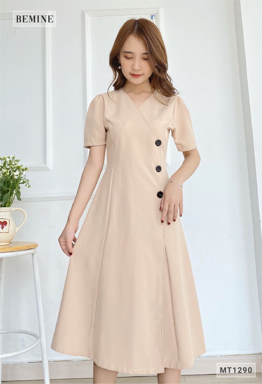 MT1290DA - Đầm xòe tà chéo đính nút