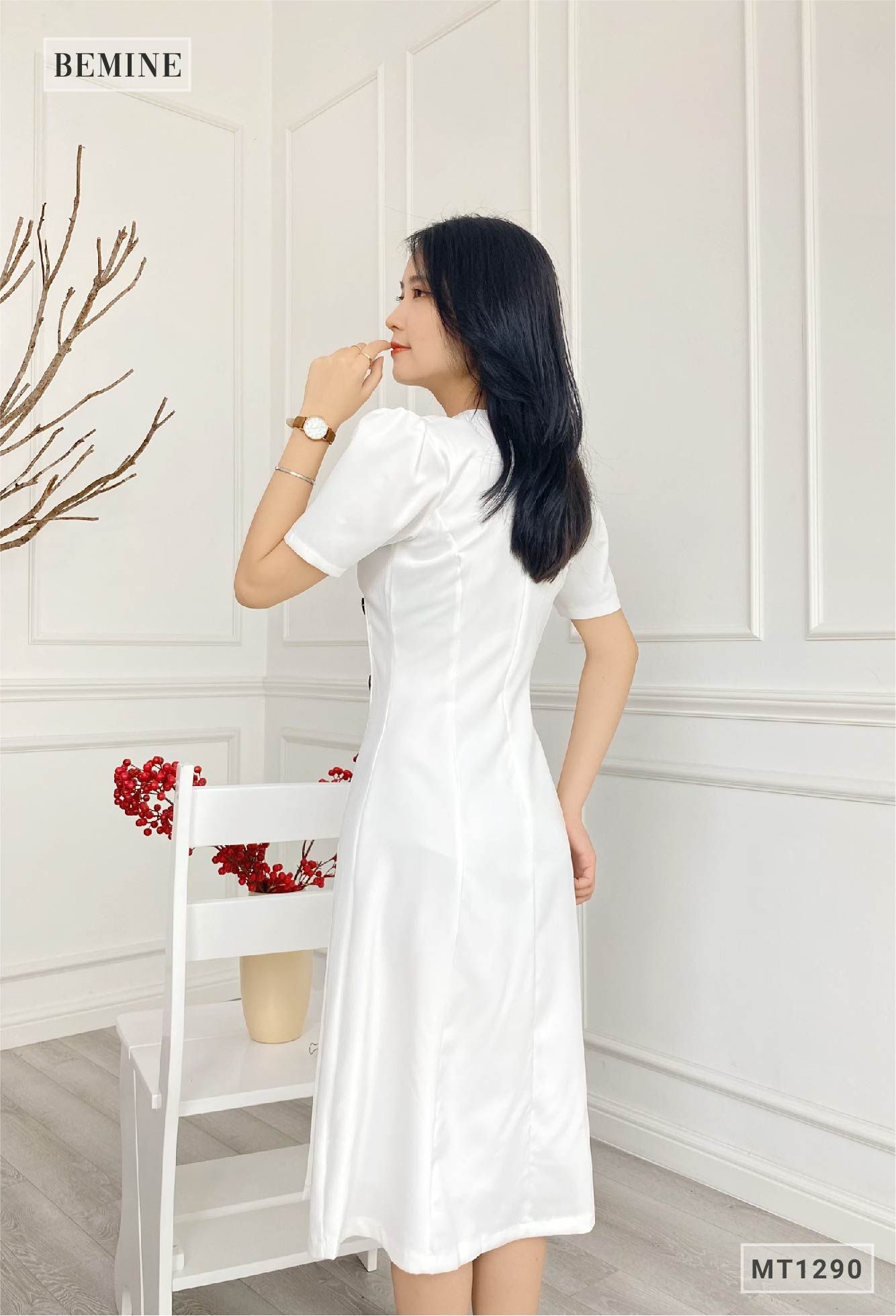 MT1290TRANG - Đầm xòe tà chéo đính nút