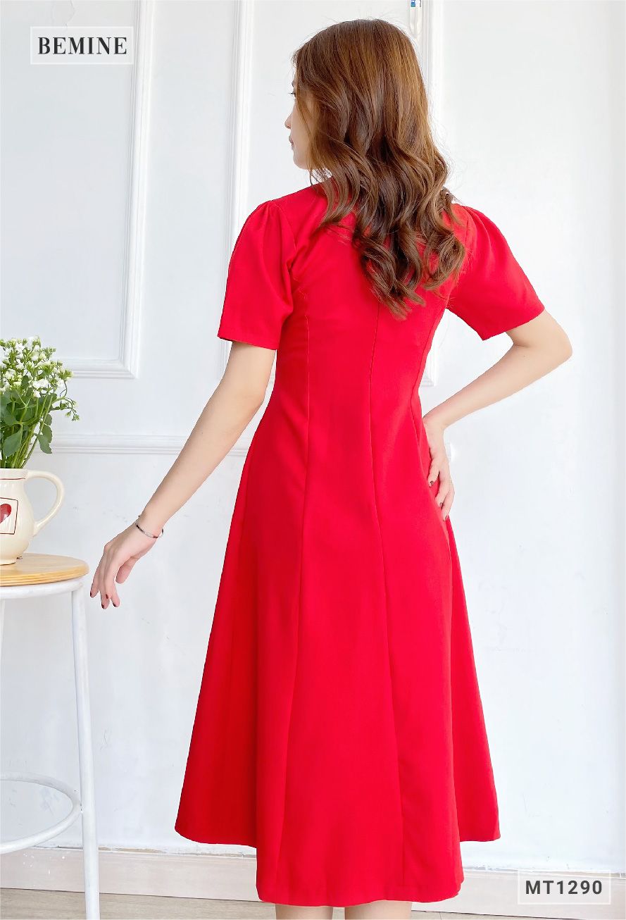 MT1290DO - Đầm xòe tà chéo đính nút