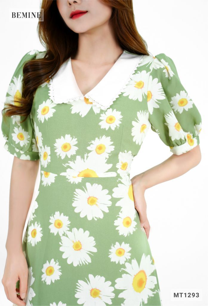 MT1293XANH - Đầm hoa cổ phối ren