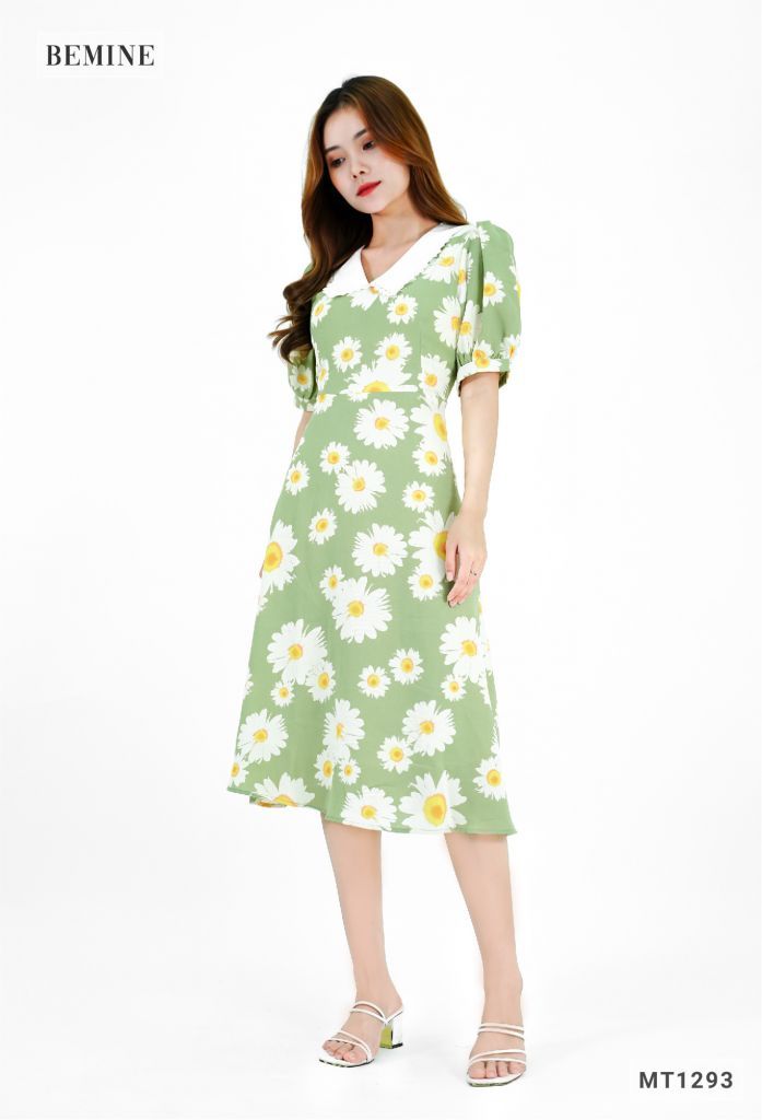 MT1293XANH - Đầm hoa cổ phối ren
