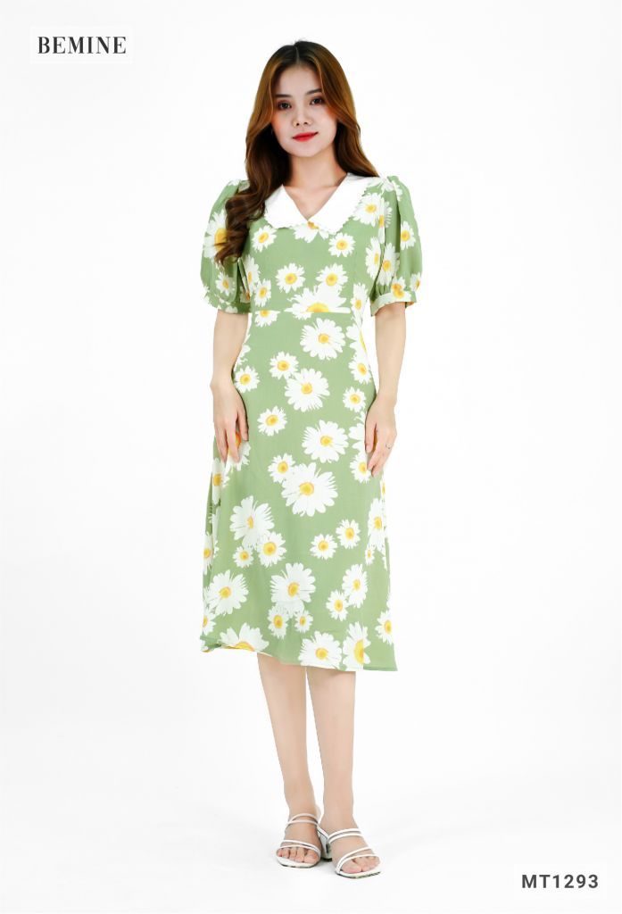 MT1293XANH - Đầm hoa cổ phối ren