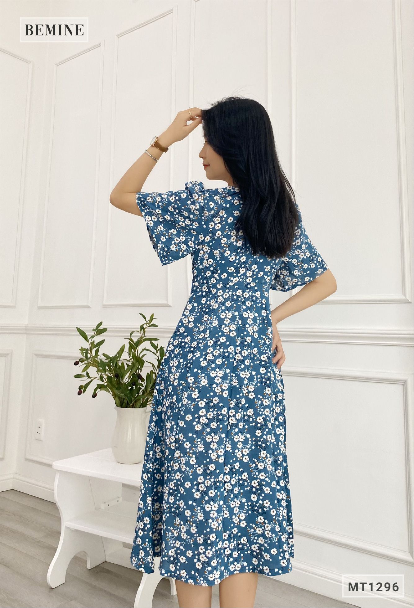 MT1296XANH - Đầm bông cổ tym tay ngắn