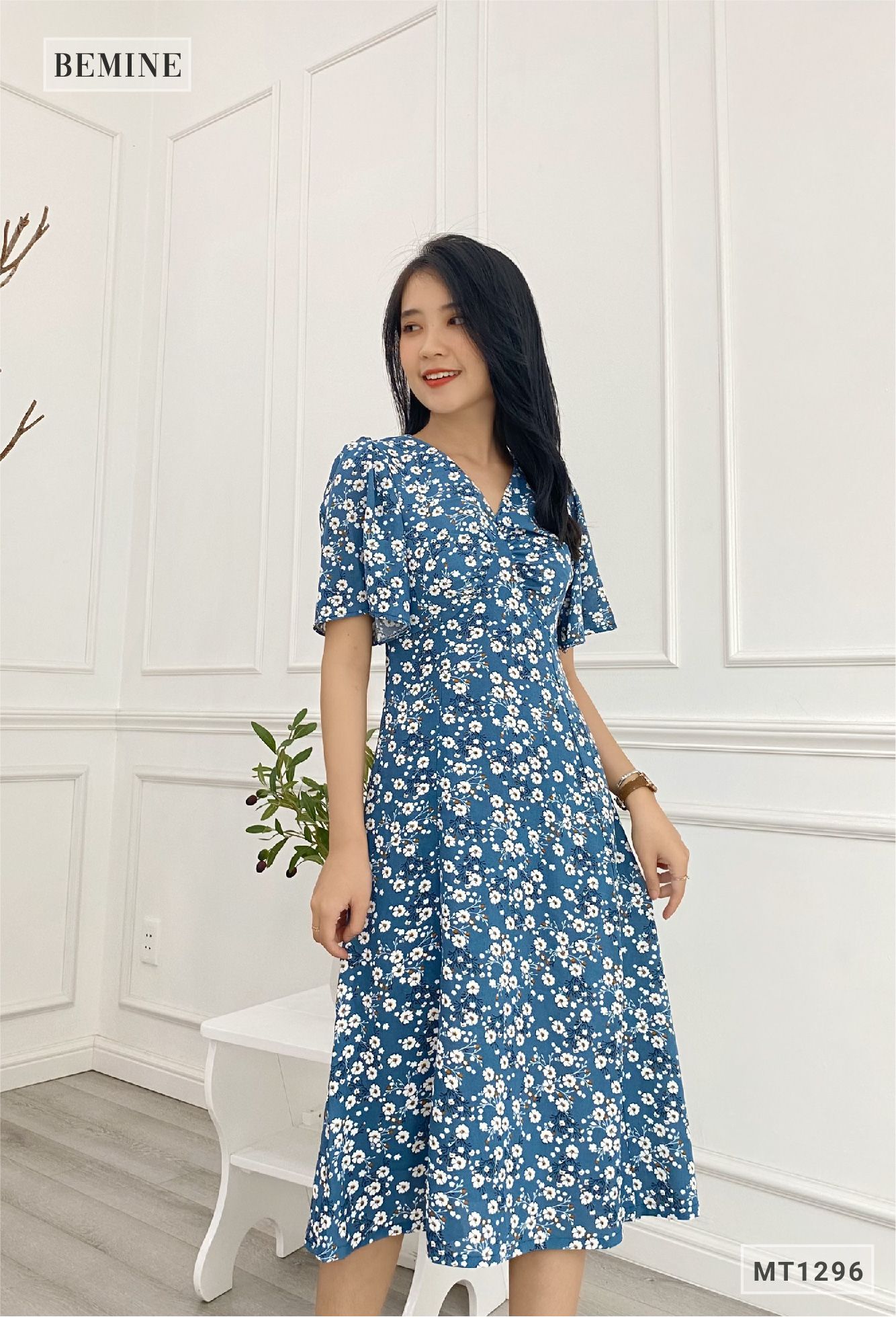 MT1296XANH - Đầm bông cổ tym tay ngắn