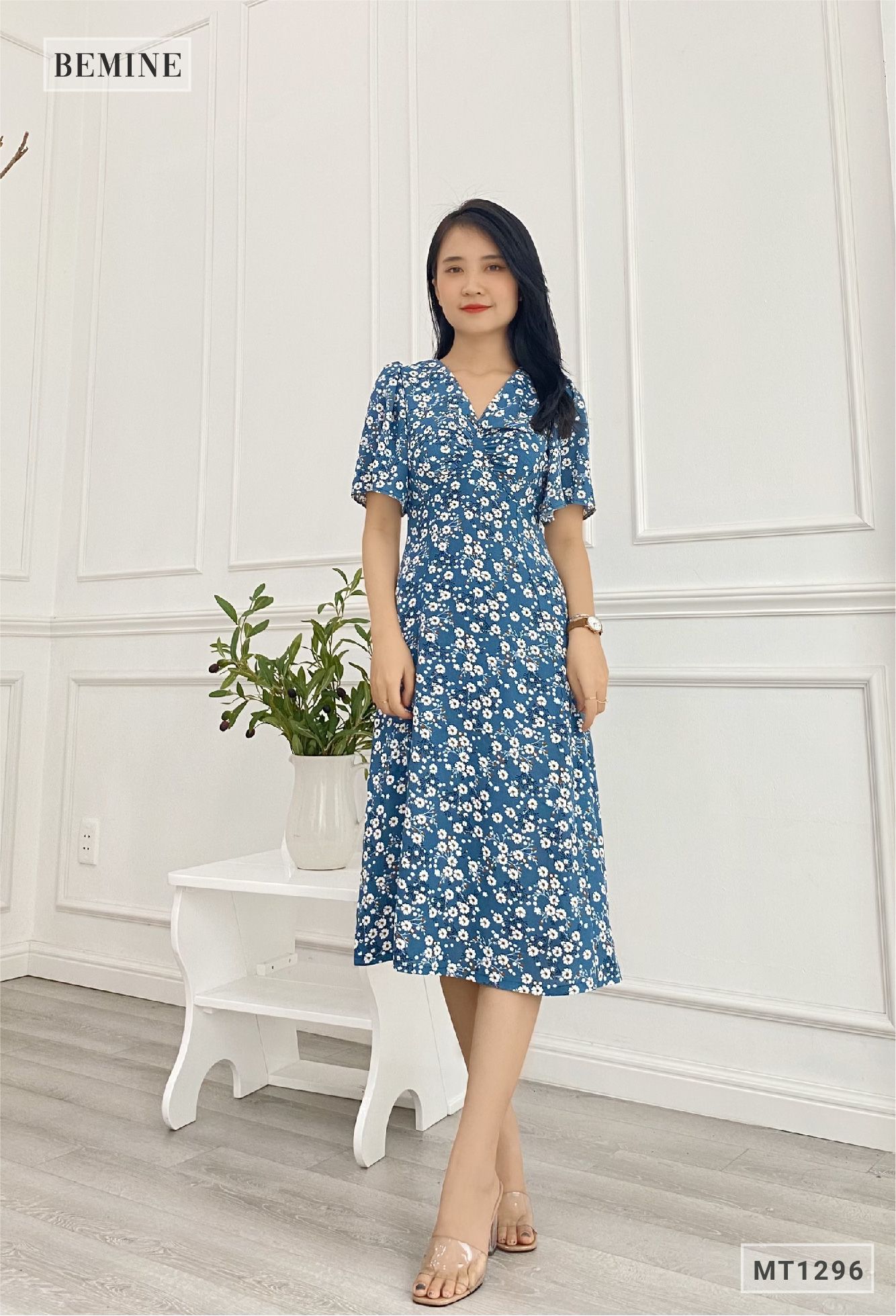 MT1296XANH - Đầm bông cổ tym tay ngắn