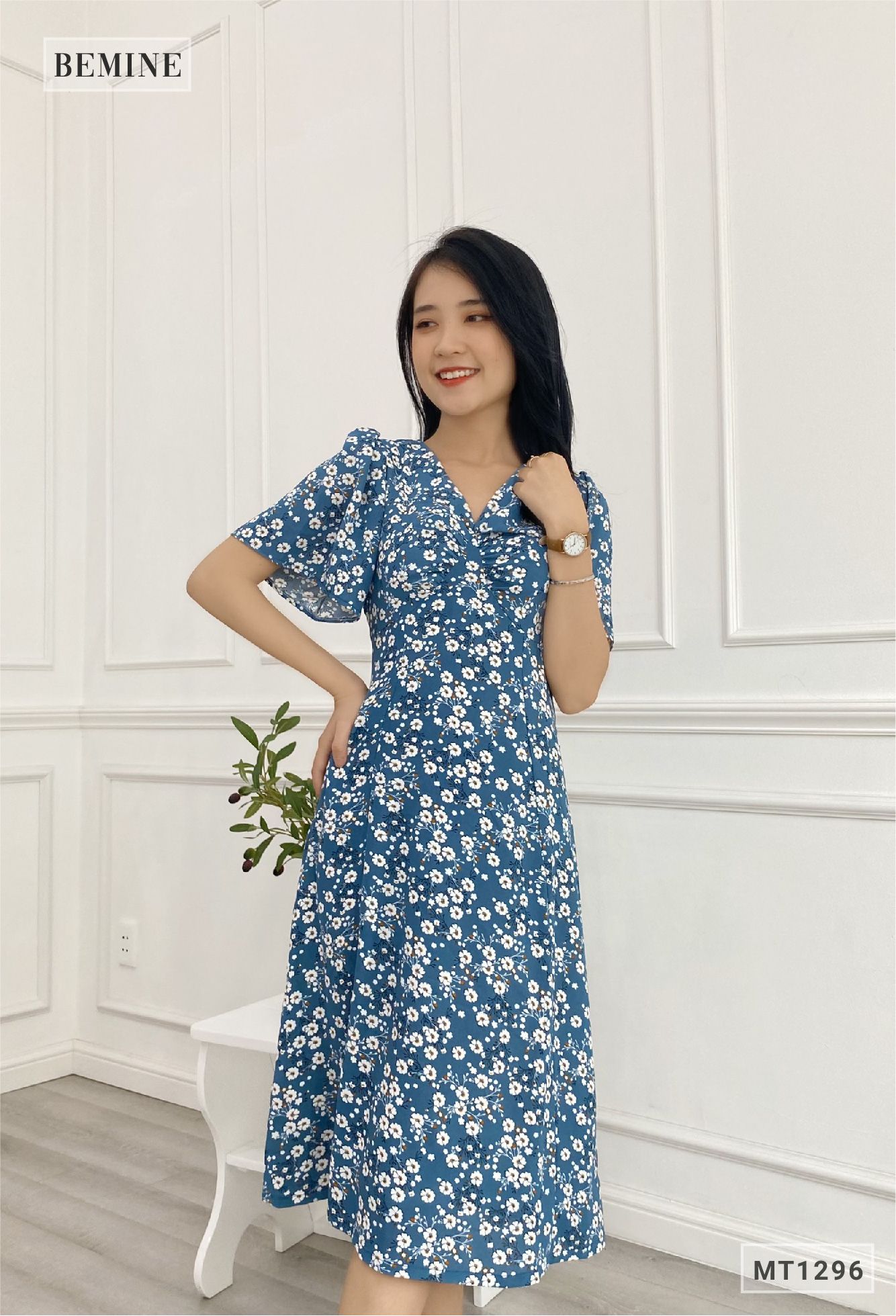 MT1296XANH - Đầm bông cổ tym tay ngắn