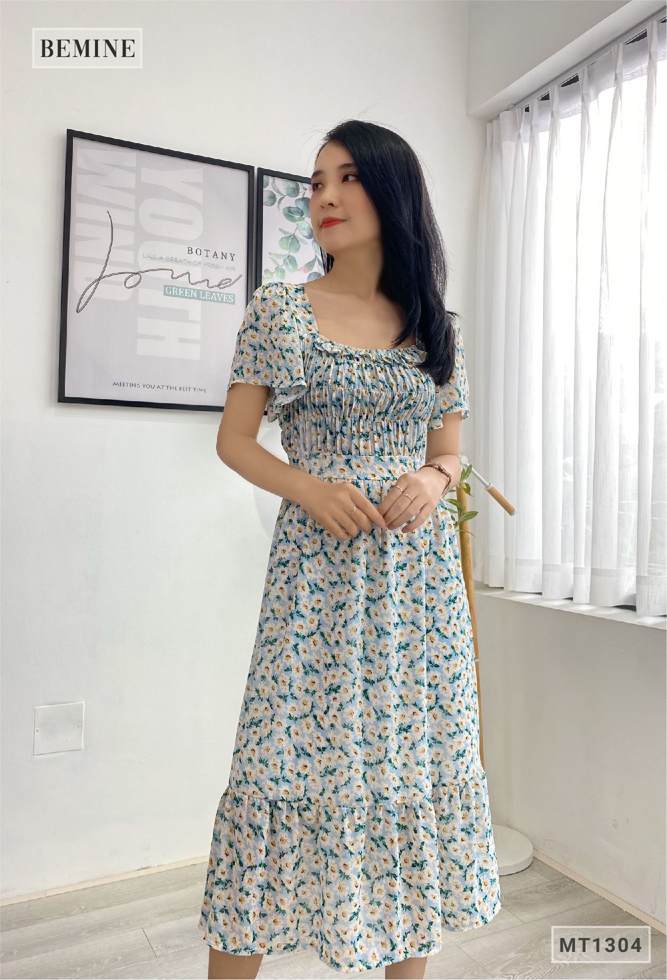 MT1304XANH - Đầm hoa chạy chỉ thân lót tùng