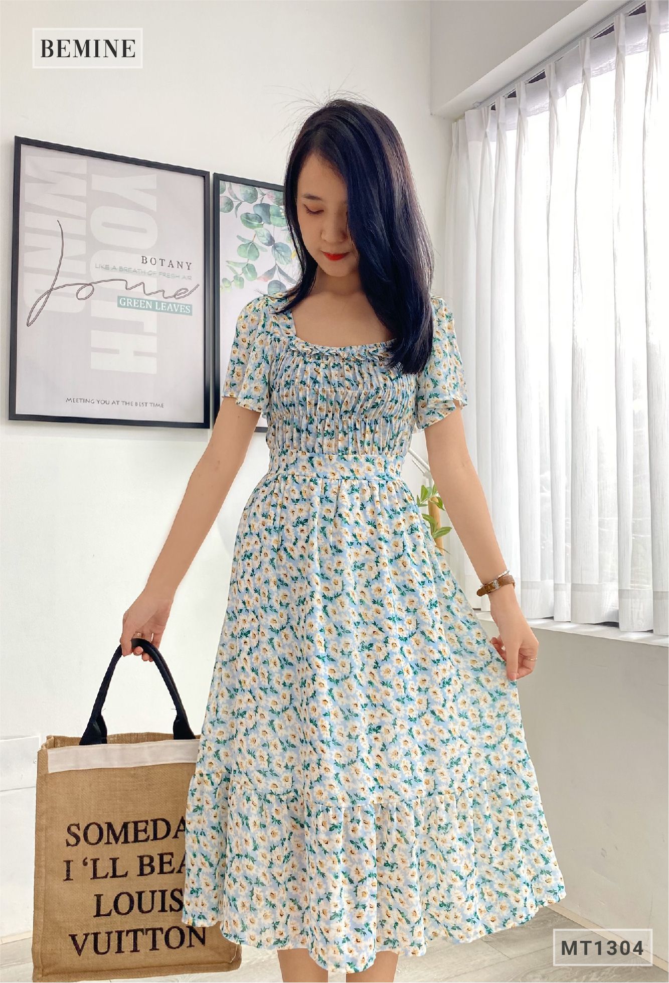 MT1304XANH - Đầm hoa chạy chỉ thân lót tùng