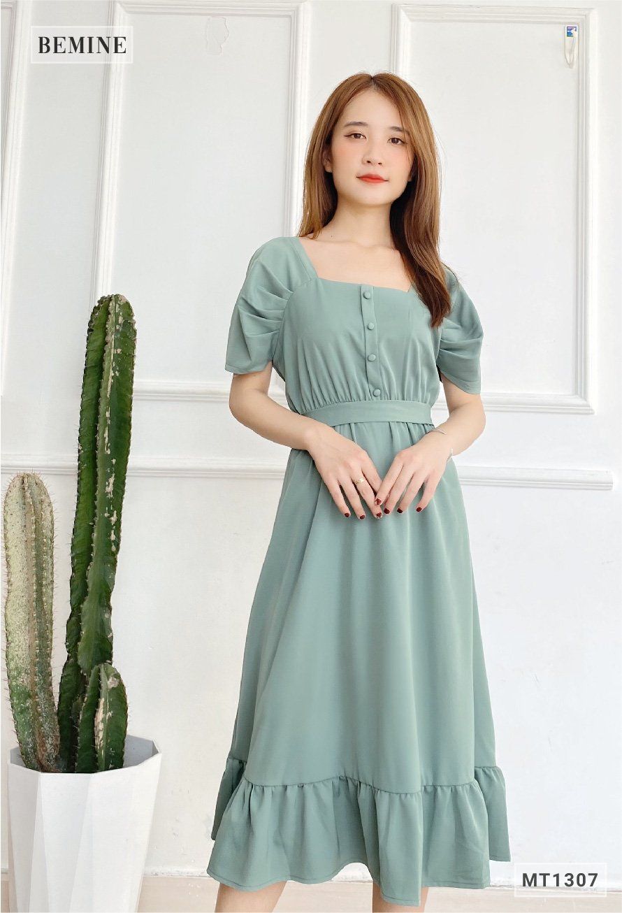 M1307XANH - Đầm xếp ly tay thun eo đinh nút bọc