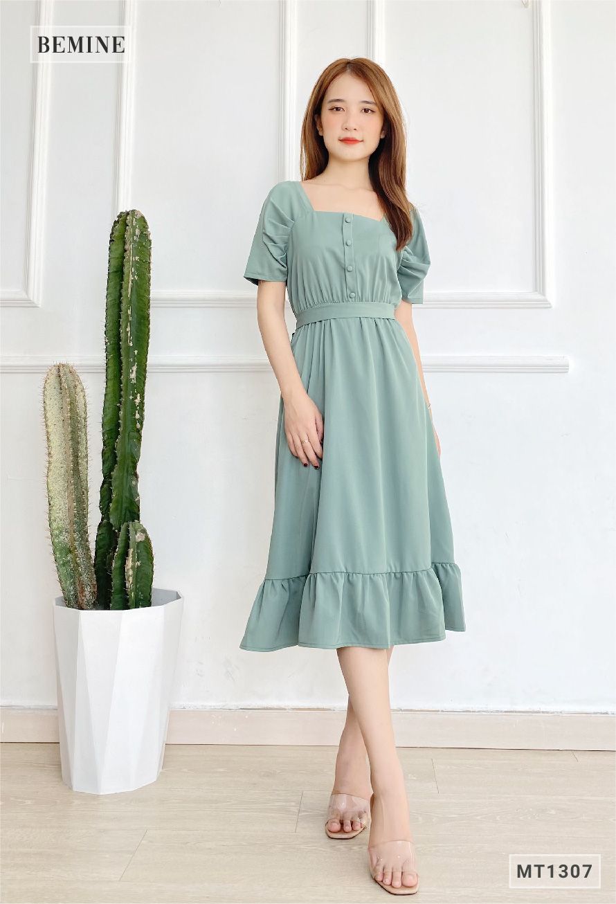 M1307XANH - Đầm xếp ly tay thun eo đinh nút bọc