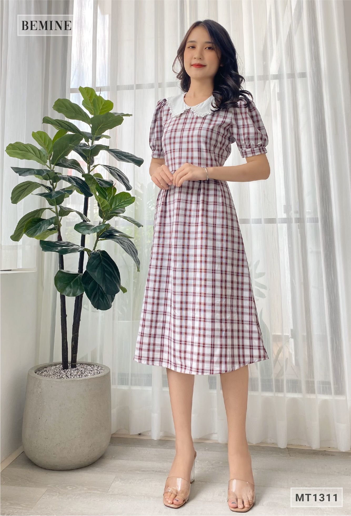 MT1311TIM - Đầm caro phối cổ ren