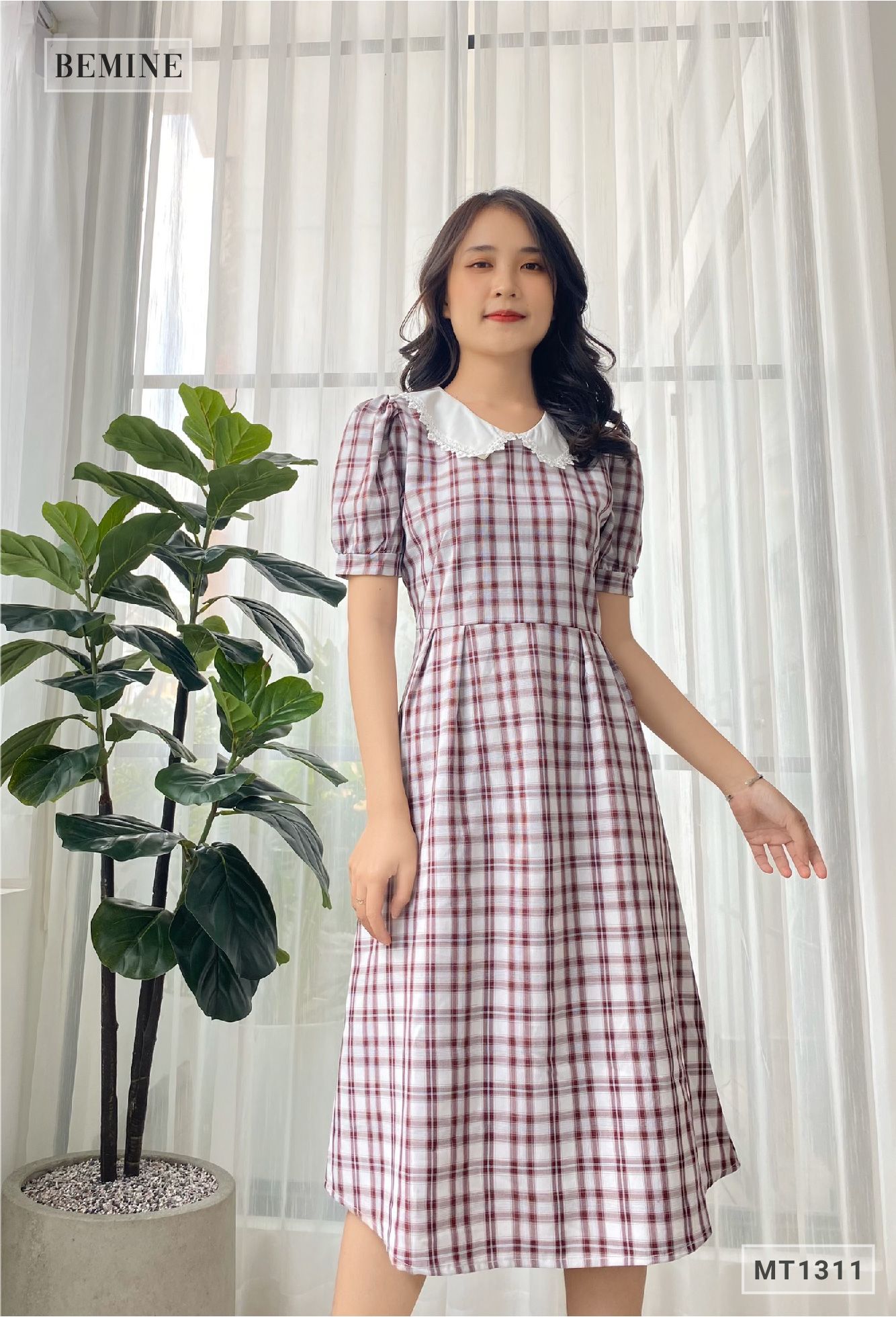 MT1311TIM - Đầm caro phối cổ ren