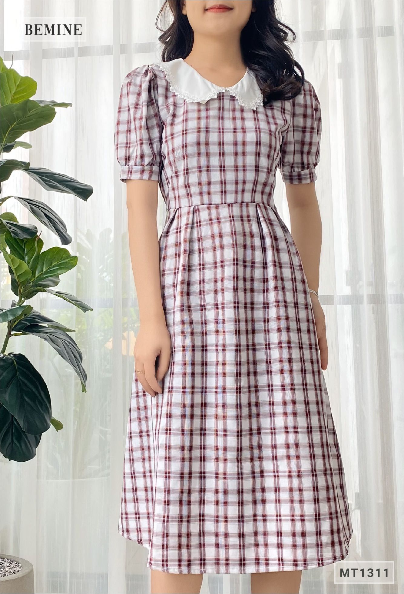 MT1311TIM - Đầm caro phối cổ ren