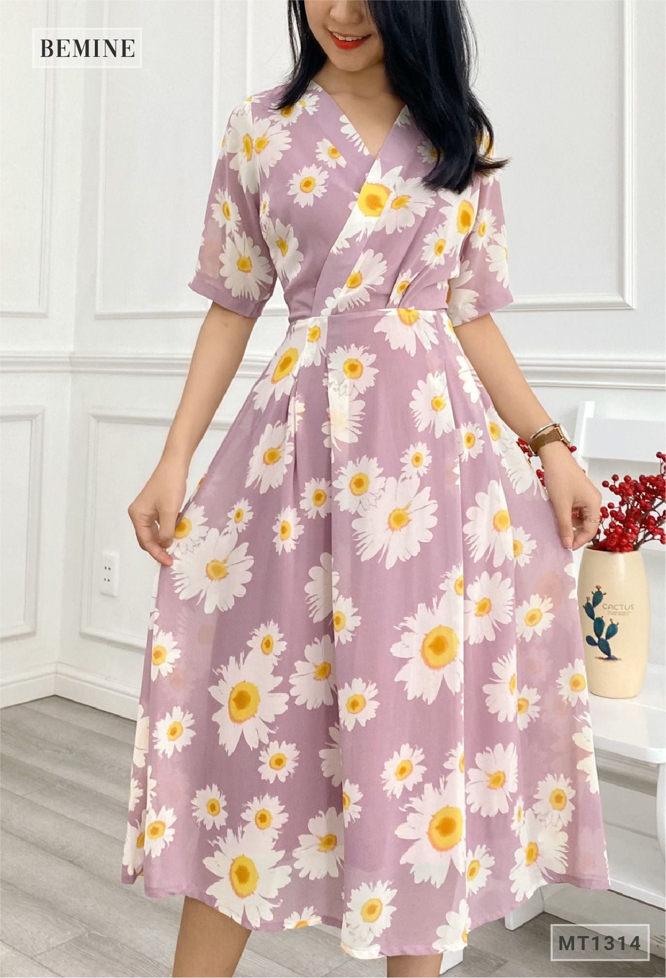 MT1314TIM - Đầm hoa xòe cổ đắp chéo