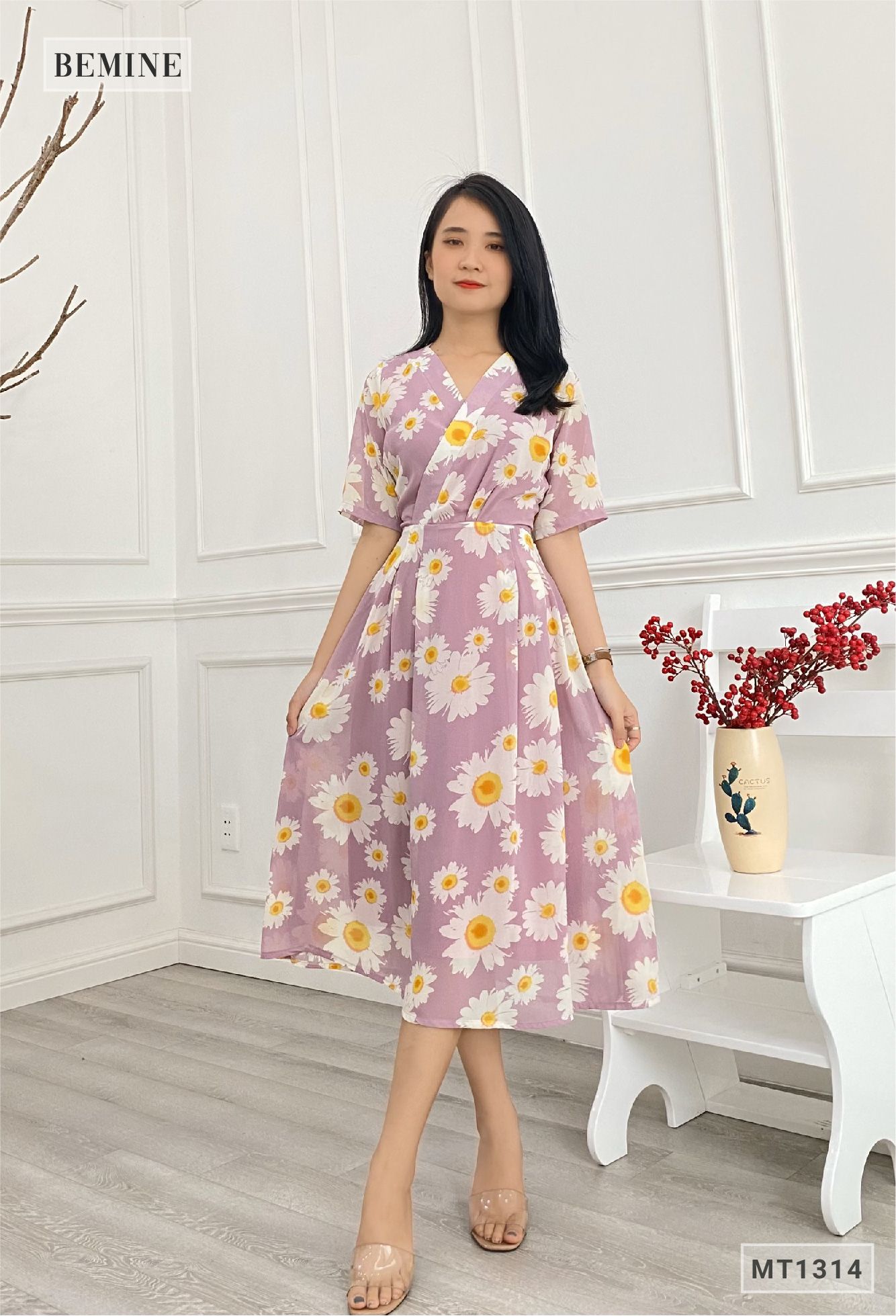 MT1314TIM - Đầm hoa xòe cổ đắp chéo