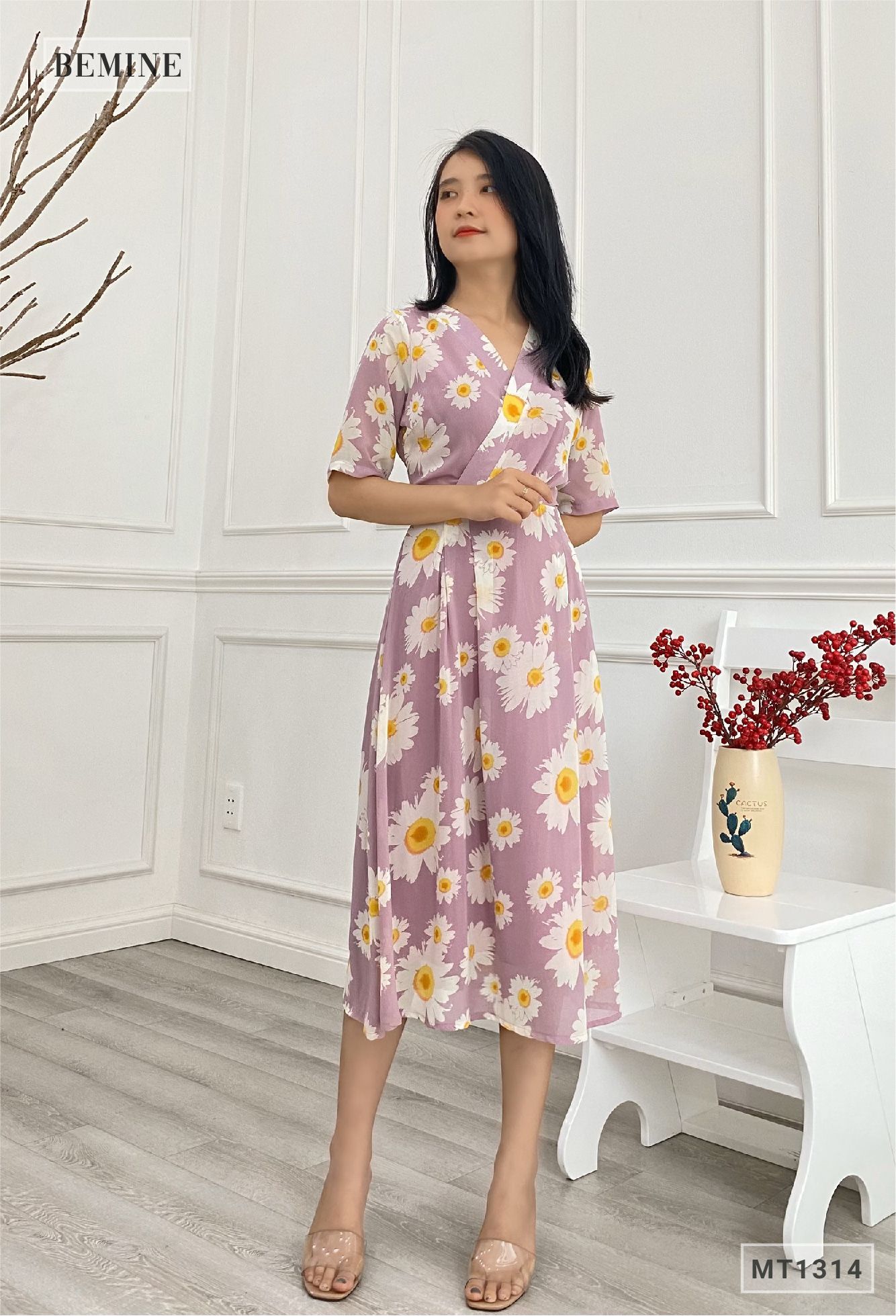 MT1314TIM - Đầm hoa xòe cổ đắp chéo