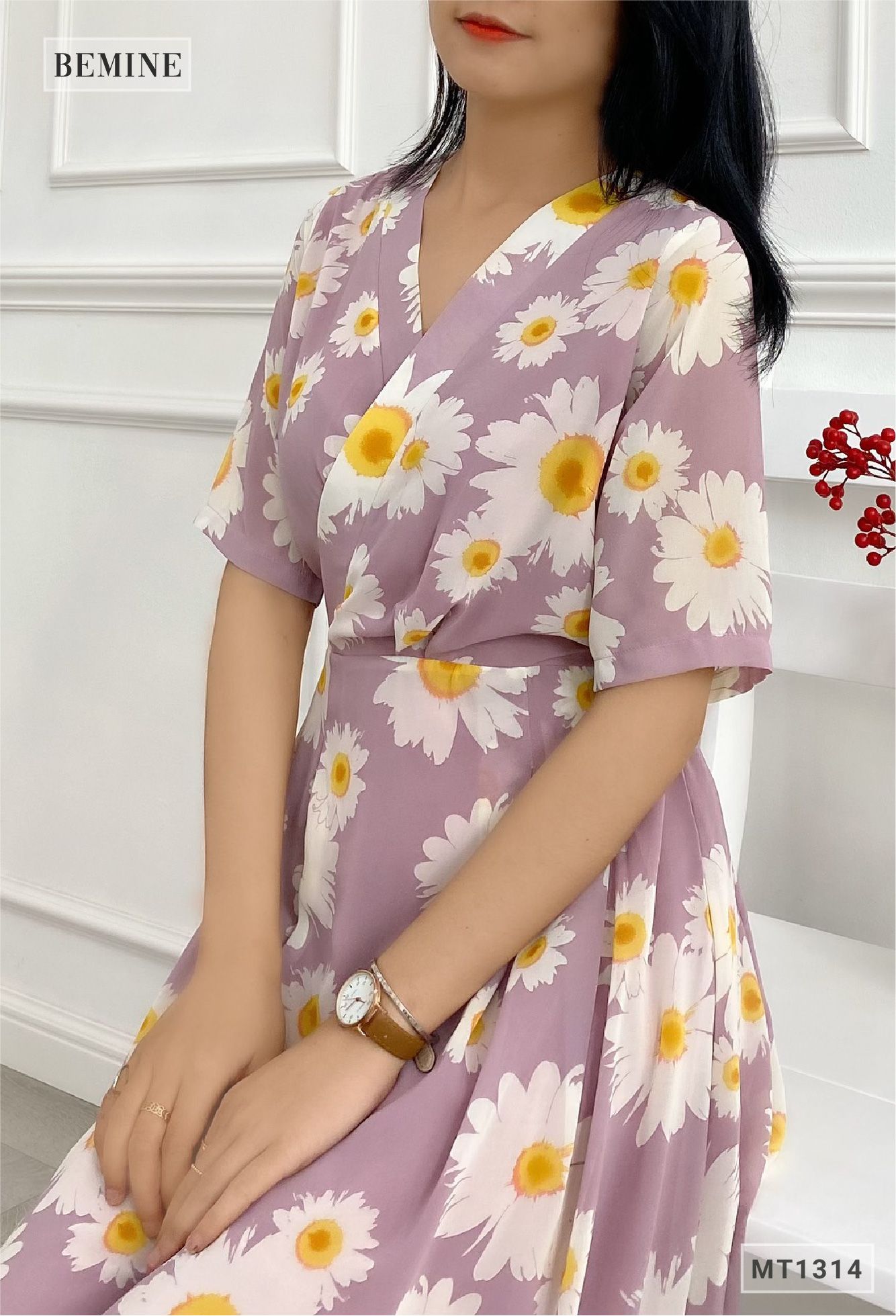 MT1314TIM - Đầm hoa xòe cổ đắp chéo
