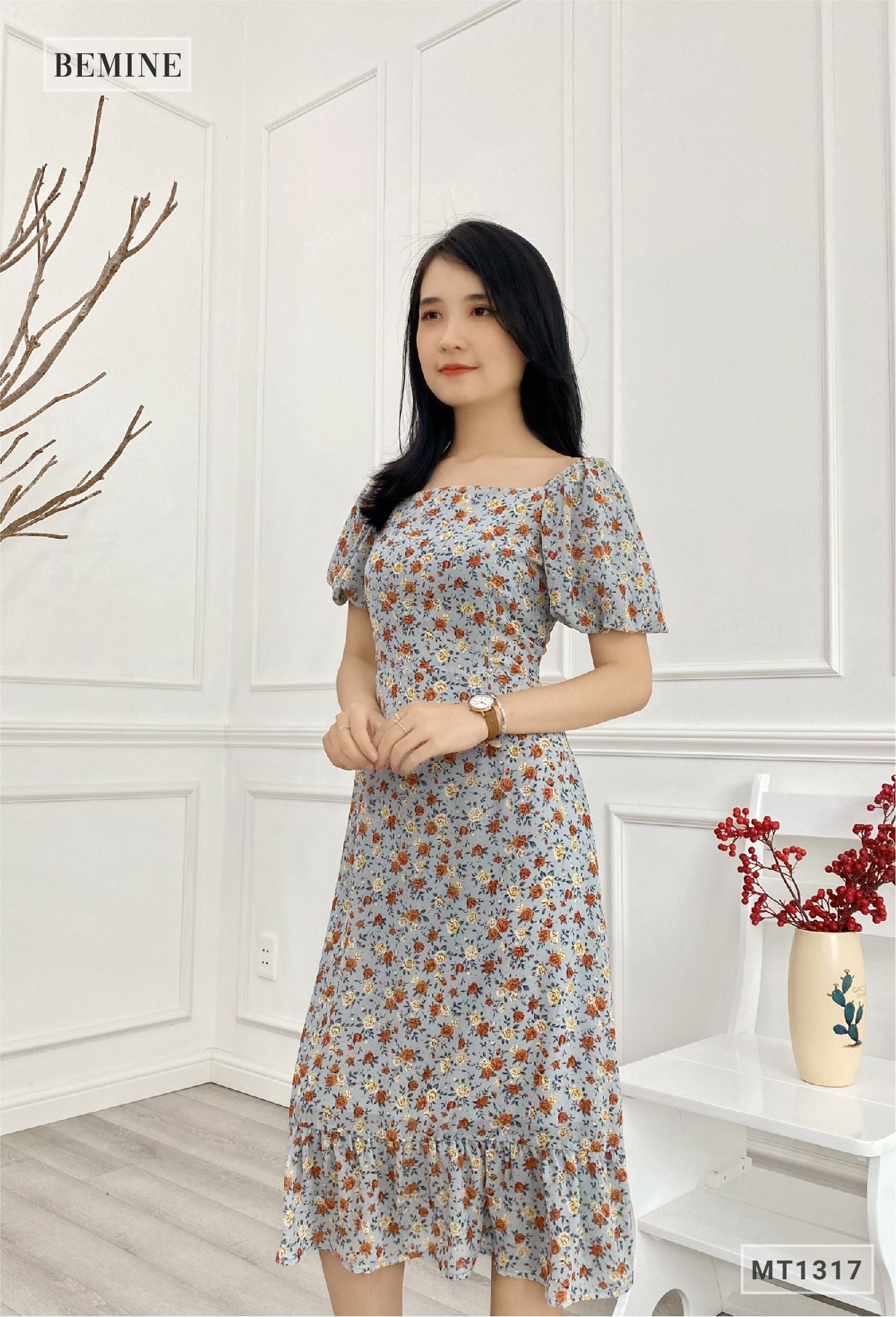 MT1317XANH - Đầm tay phồng đuôi cá