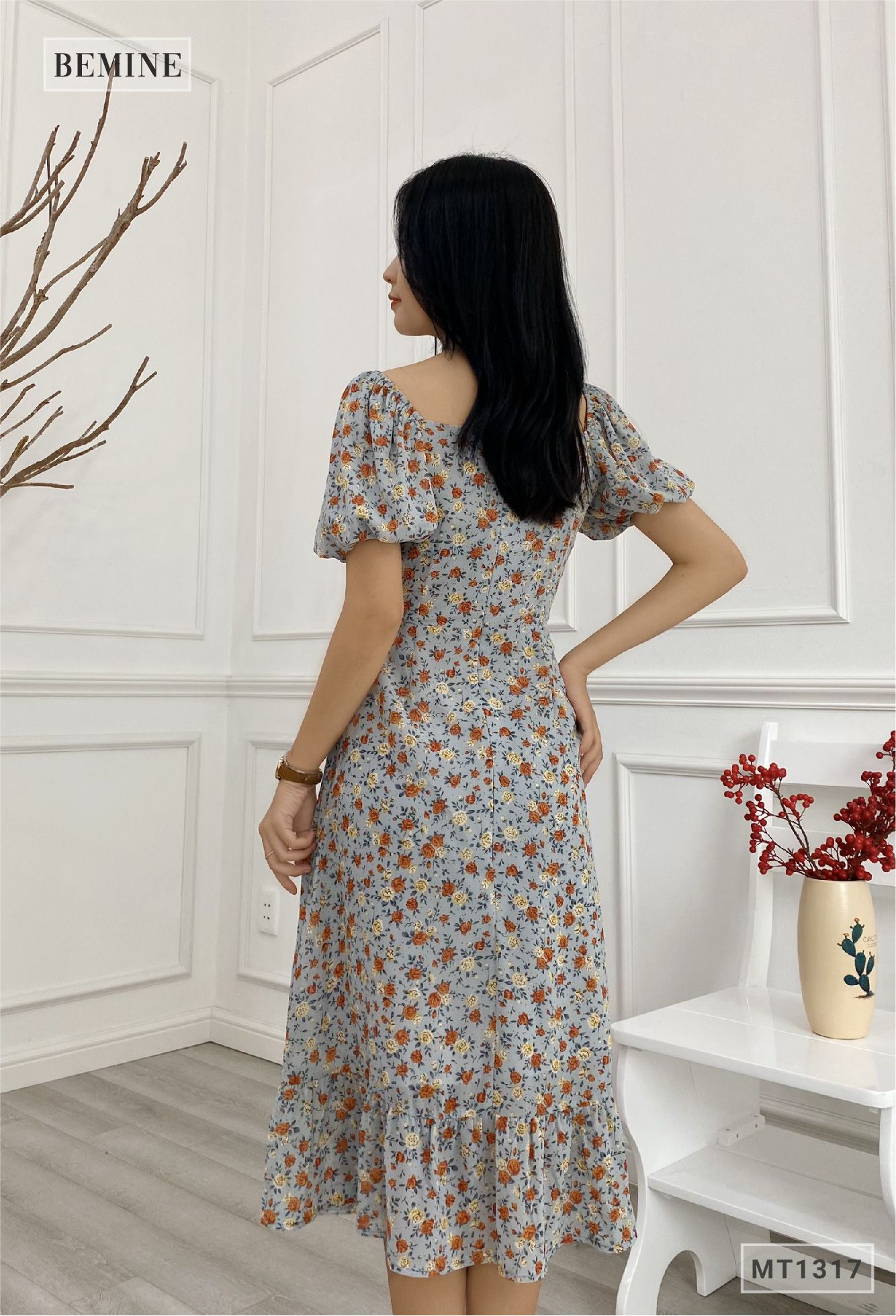 MT1317XANH - Đầm tay phồng đuôi cá