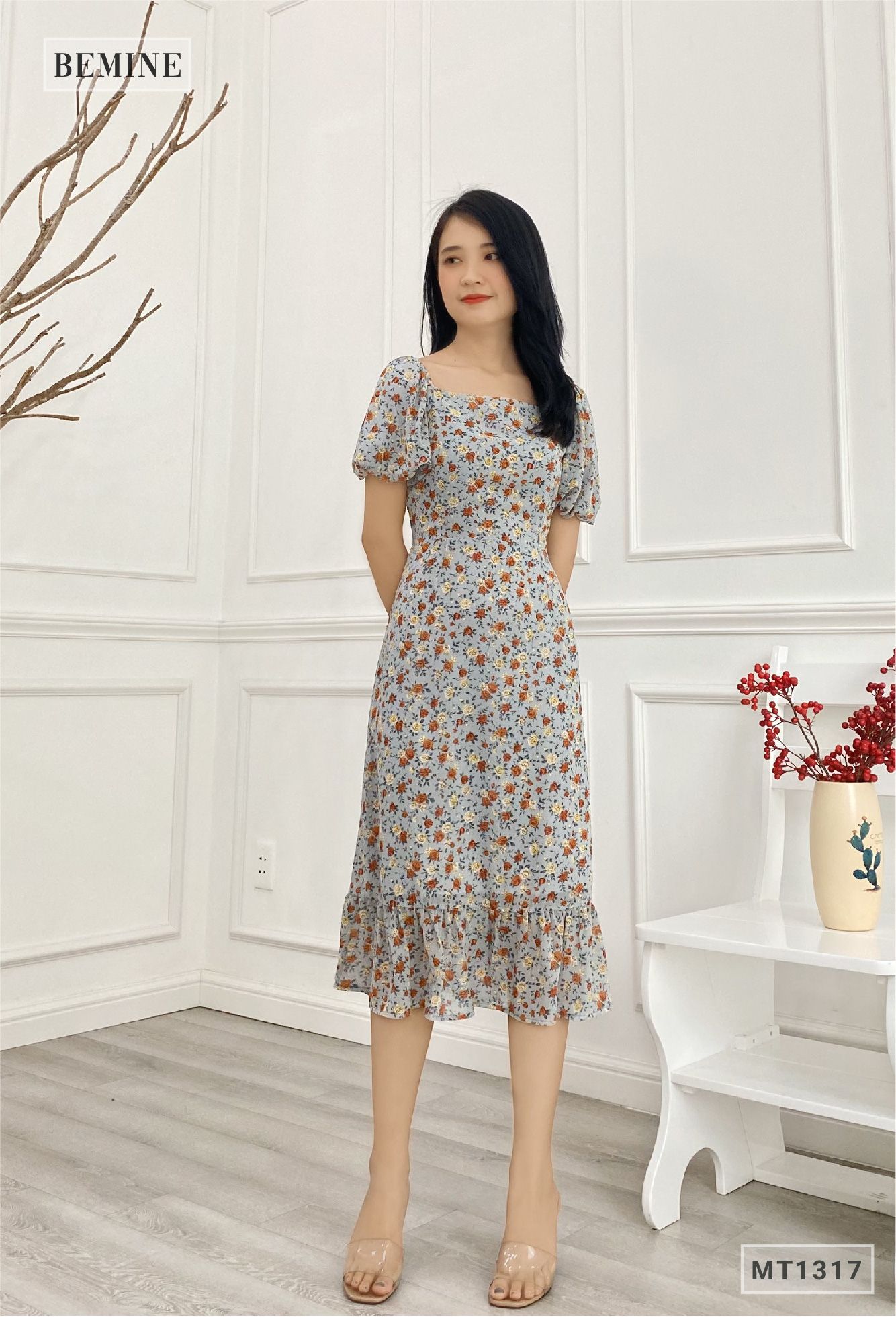 MT1317XANH - Đầm tay phồng đuôi cá