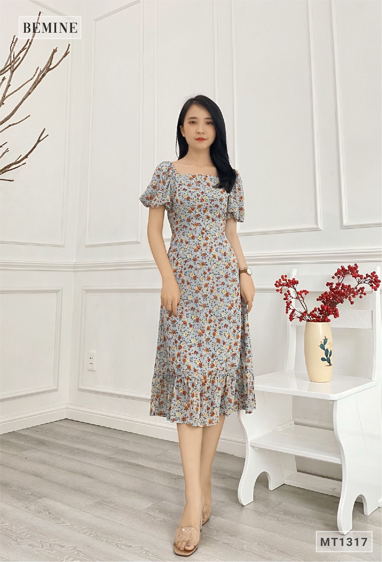 MT1317XANH - Đầm tay phồng đuôi cá