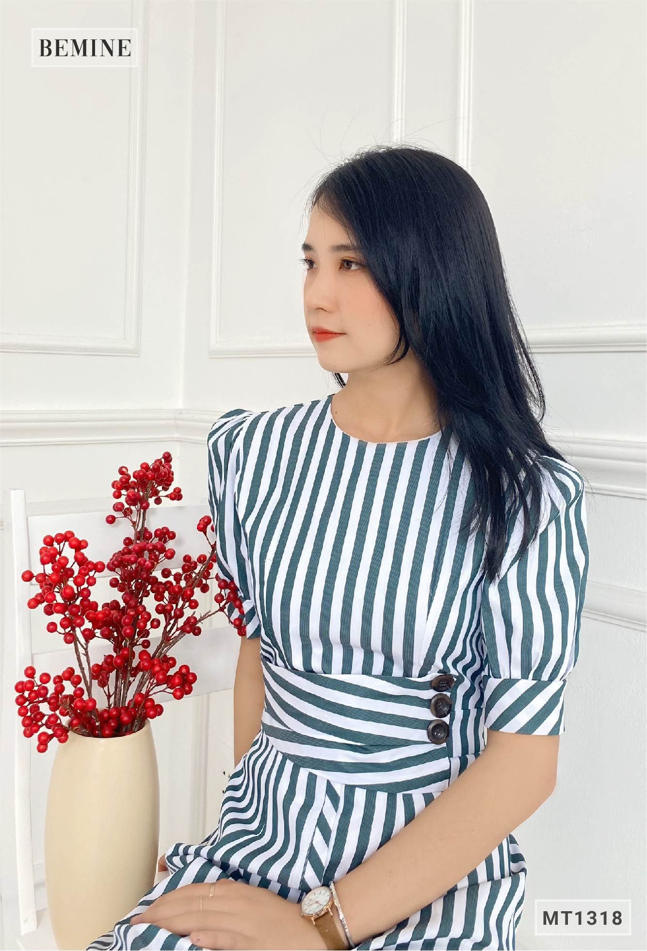 MT1318XANH - Đầm sọc đính nút eo