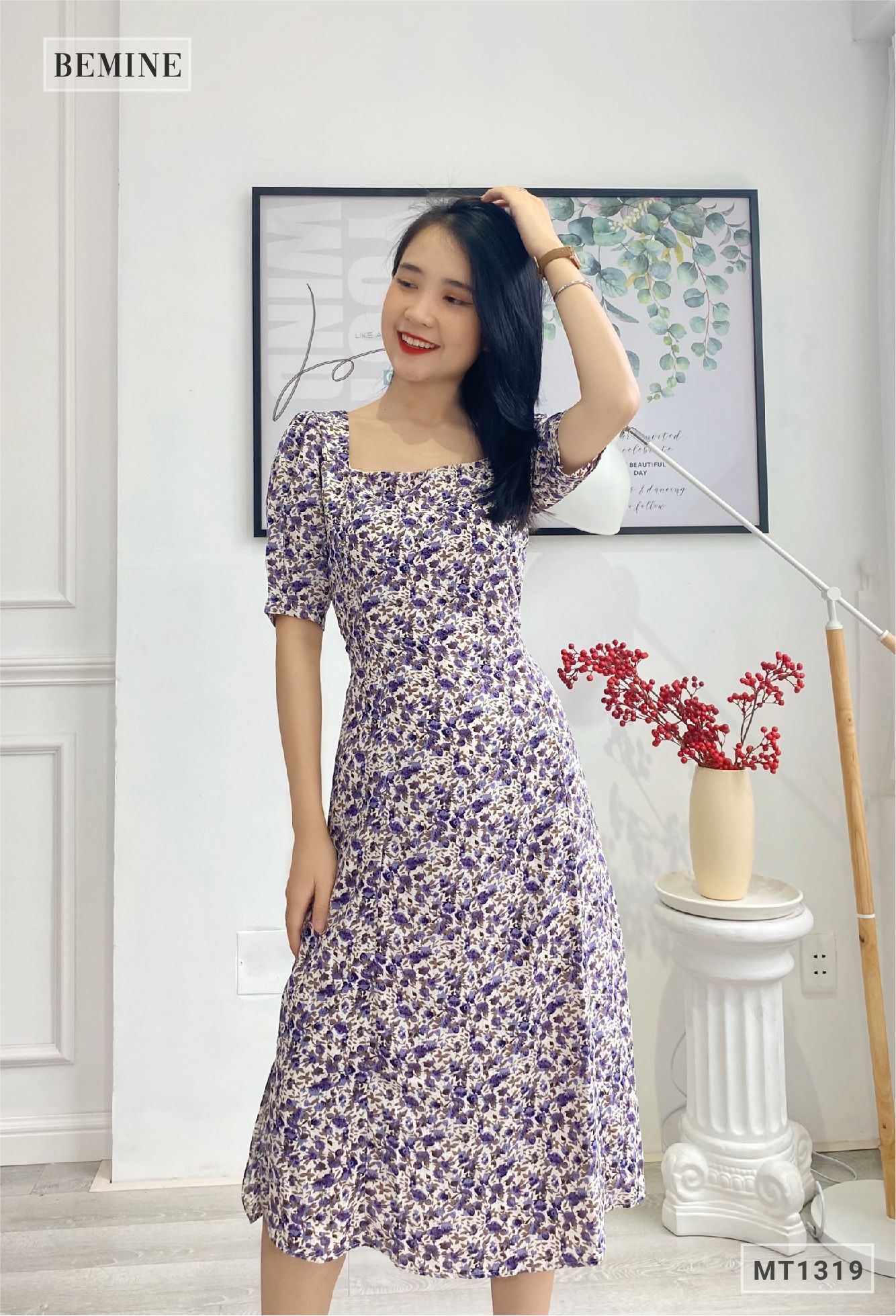 MT1319TIM - Đầm bông cổ vuống cột eo