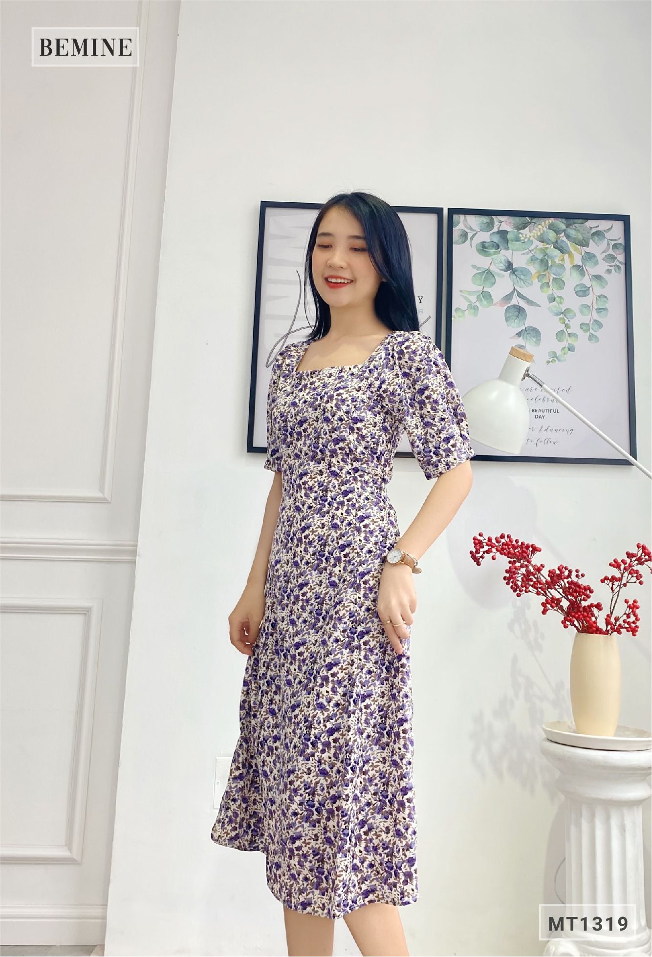 MT1319TIM - Đầm bông cổ vuống cột eo