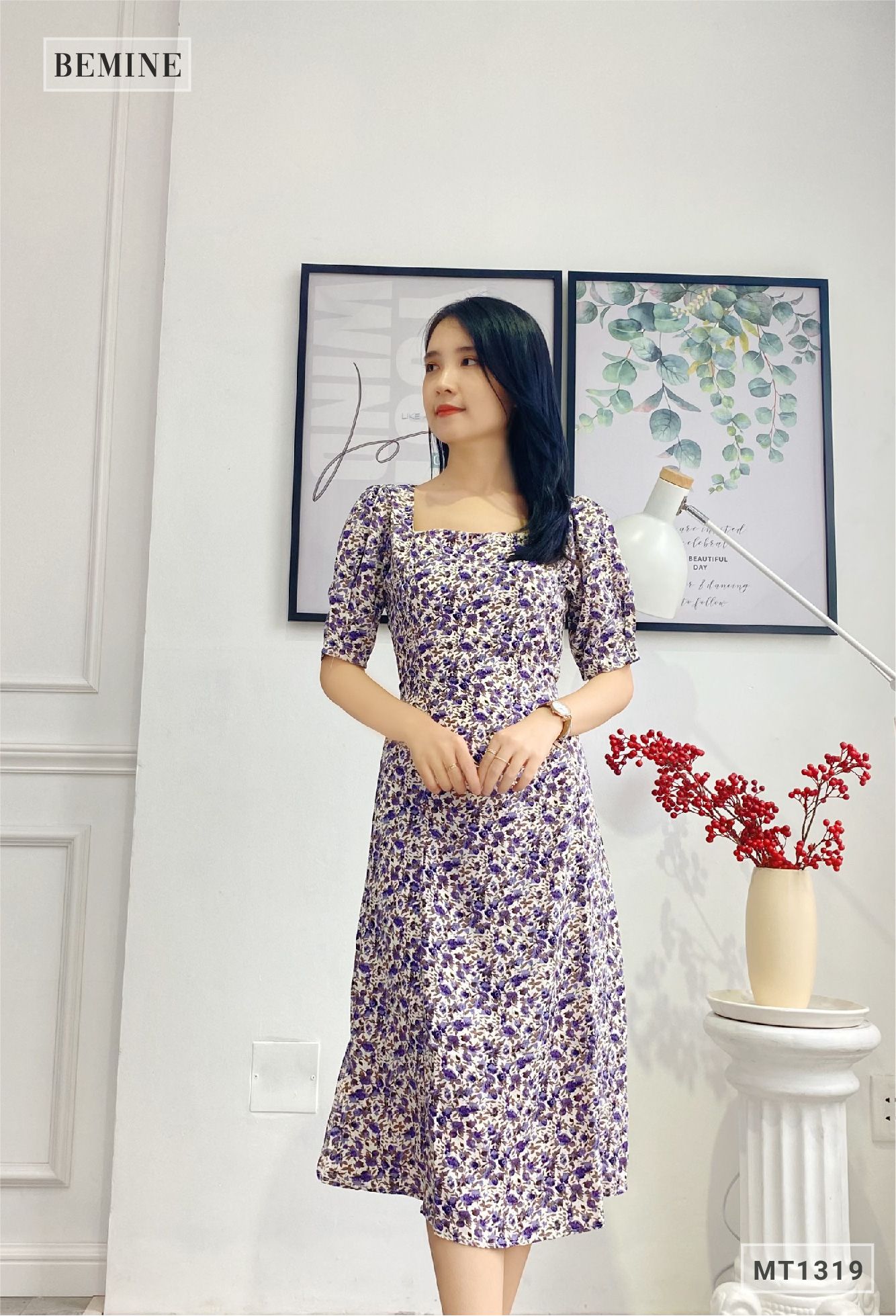 MT1319TIM - Đầm bông cổ vuống cột eo
