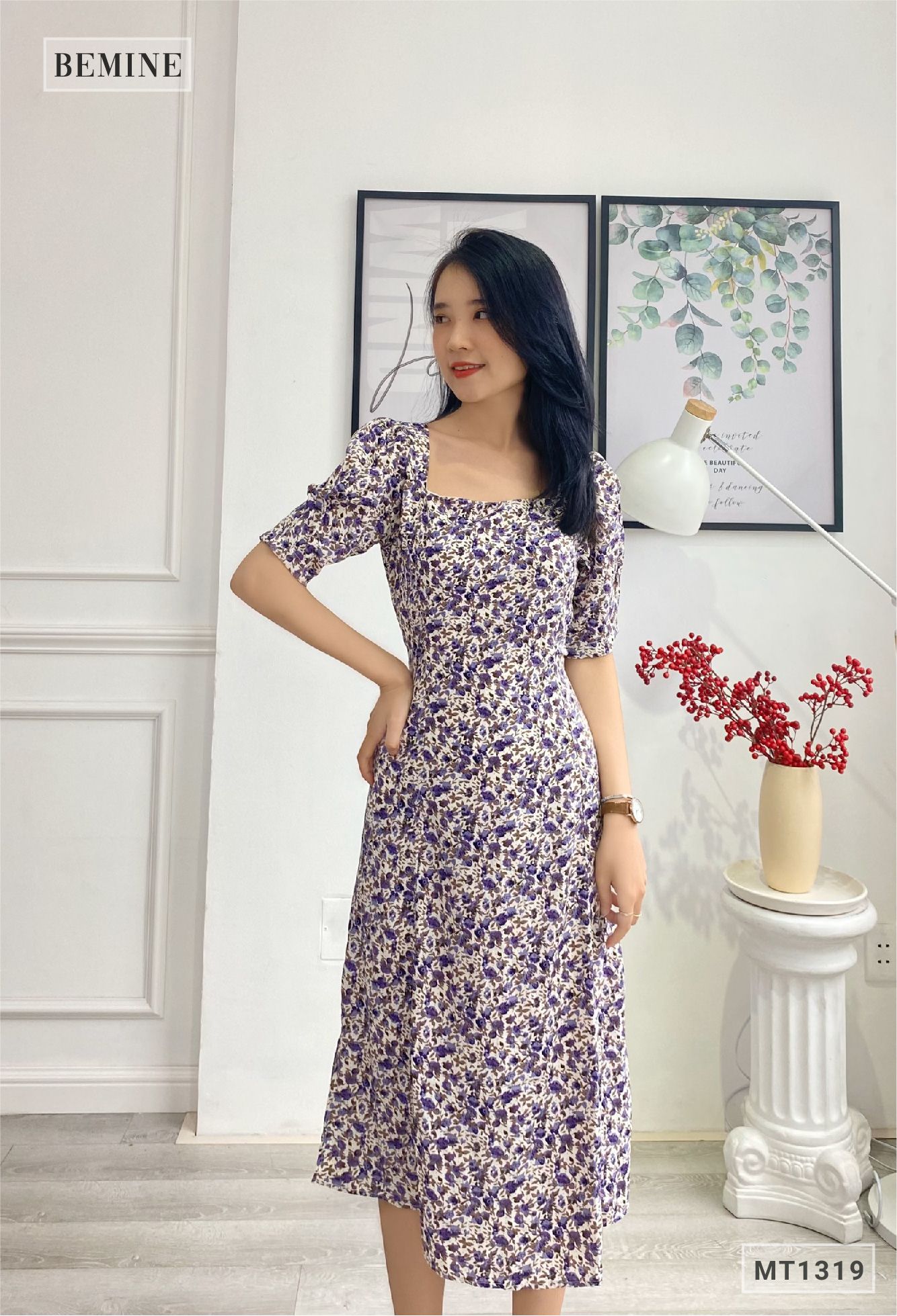 MT1319TIM - Đầm bông cổ vuống cột eo