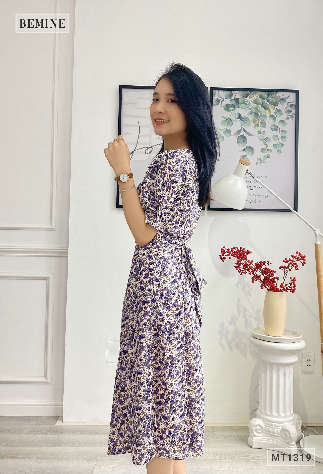 MT1319TIM - Đầm bông cổ vuống cột eo