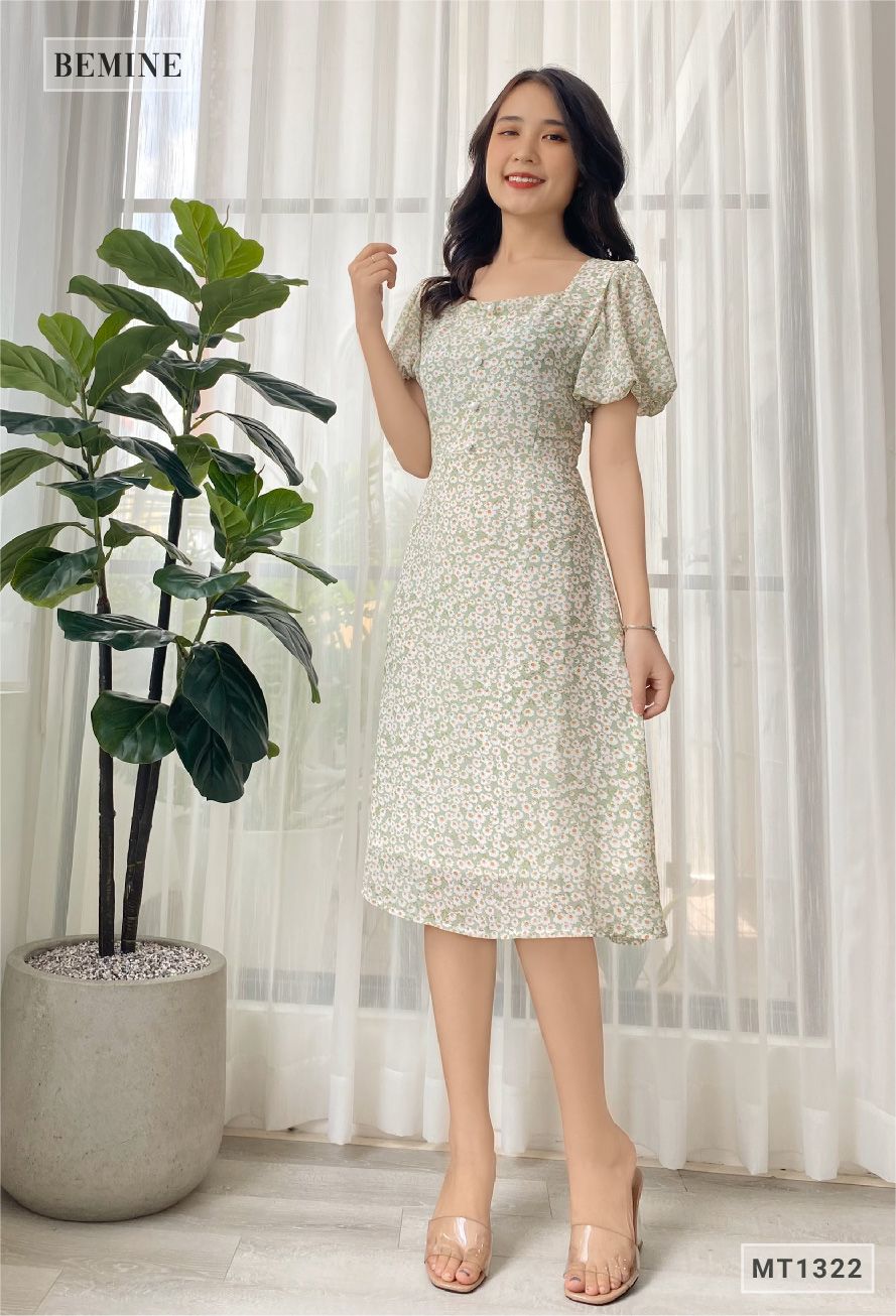 MT1322XANH - Đầm bông cổ vuông đính châu